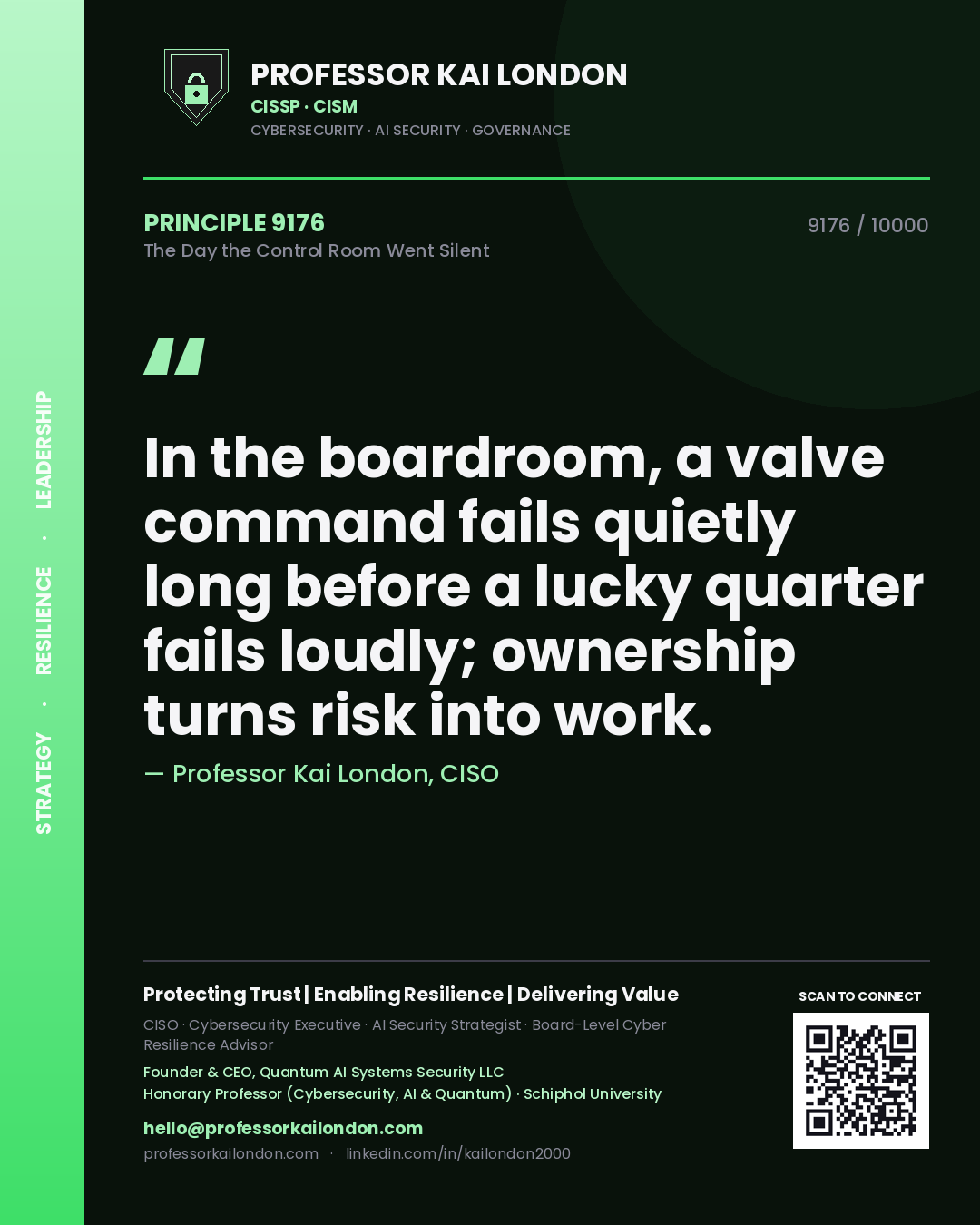 Quote card by Professor Kai London reading 'In the boardroom, a valve command fails quietly long before a lucky quarter fails loudly; ownership turns risk into work.'. From the book The Day the Control Room Went Silent.
