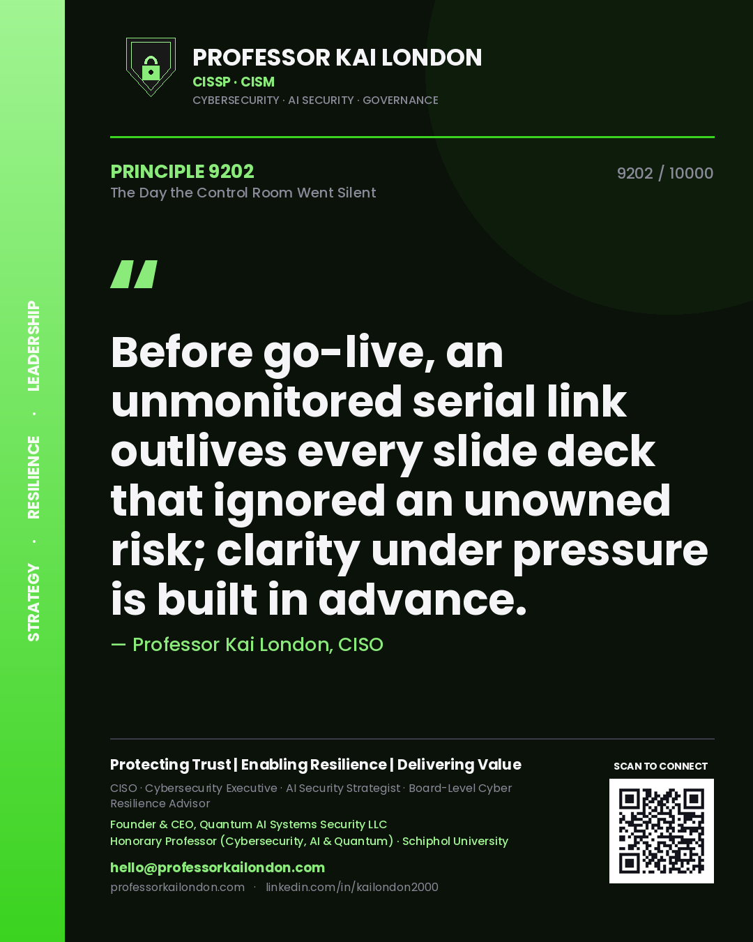 Quote card by Professor Kai London reading 'Before go-live, an unmonitored serial link outlives every slide deck that ignored an unowned risk; clarity under pressure is built in advance.'. From the book The Day the Control Room Went Silent.