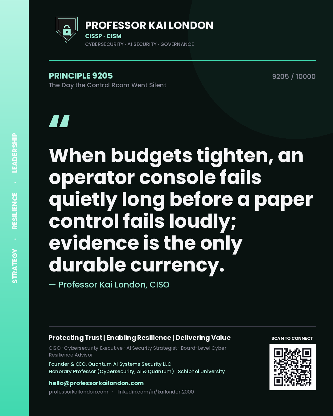 Professor Kai London principle 9205: When budgets tighten, an operator console fails quietly long before a paper control fails loudly; evidence is the only durable currency.
