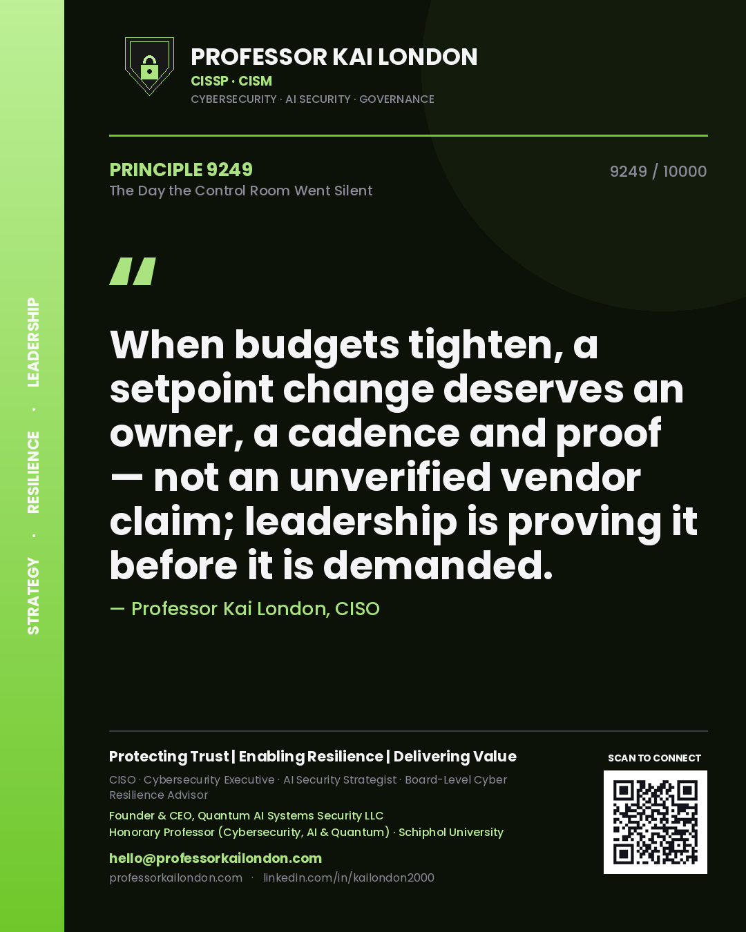 Professor Kai London principle 9249: When budgets tighten, a setpoint change deserves an owner, a cadence and proof — not an unverified vendor claim; leadership is proving it before it is demanded.