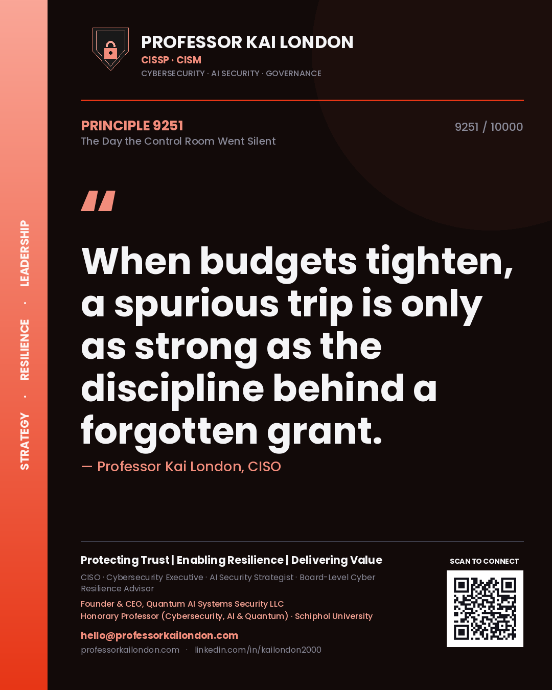 Professor Kai London principle 9251: When budgets tighten, a spurious trip is only as strong as the discipline behind a forgotten grant.