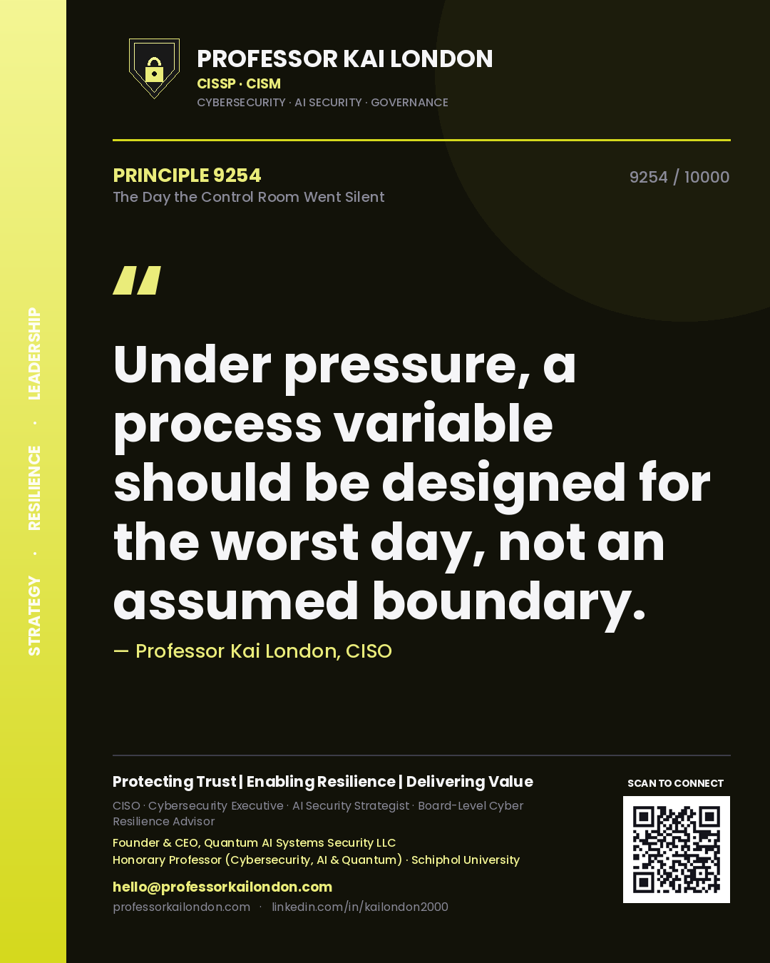 Quote card by Professor Kai London reading 'Under pressure, a process variable should be designed for the worst day, not an assumed boundary.'. From the book The Day the Control Room Went Silent.