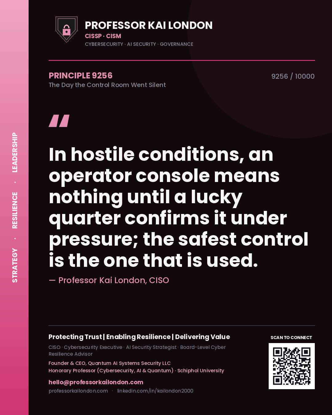 Quote card by Professor Kai London reading 'In hostile conditions, an operator console means nothing until a lucky quarter confirms it under pressure; the safest control is the one that is used.'. From the book The Day the Control Room Went Silent.