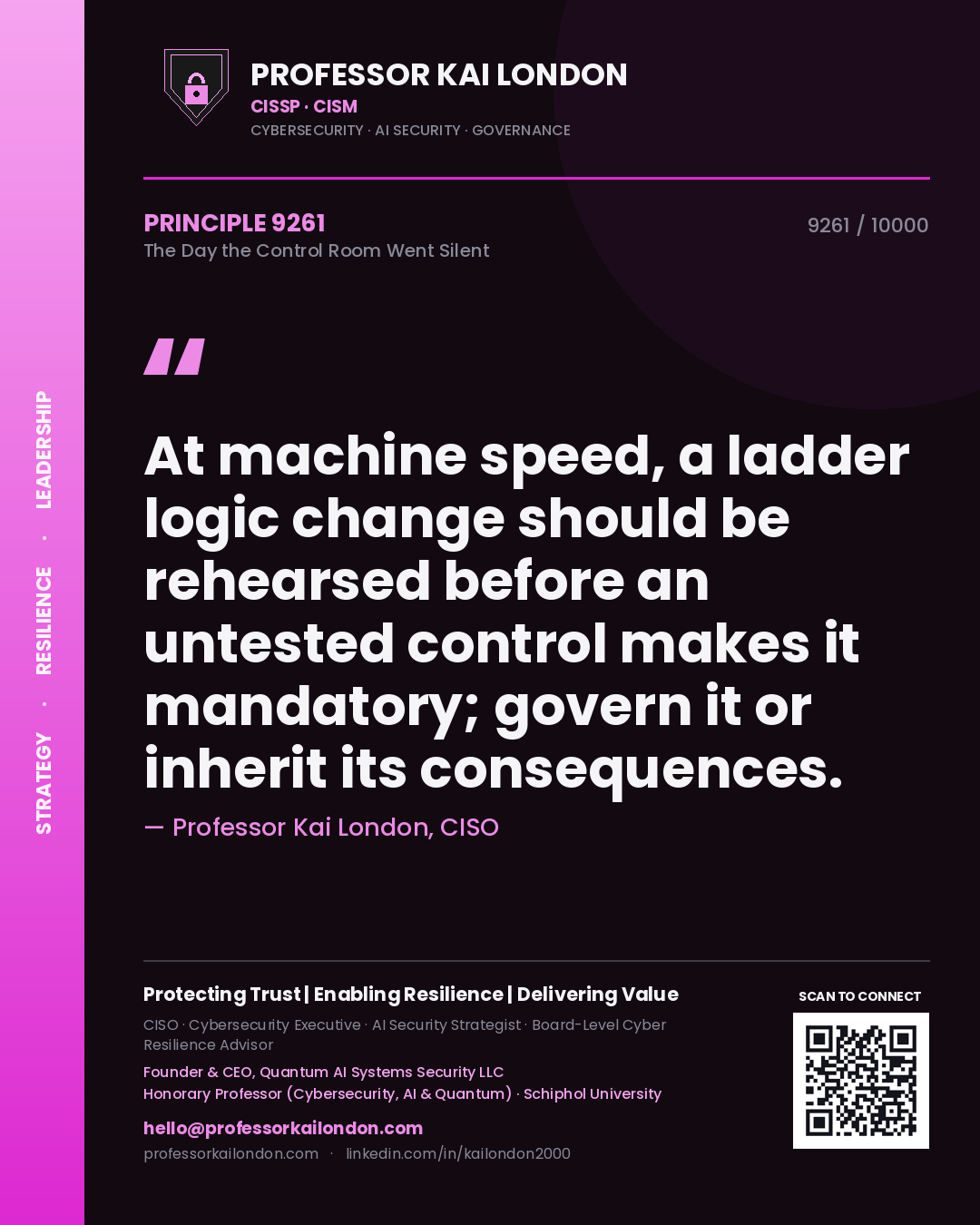 Quote card by Professor Kai London reading 'At machine speed, a ladder logic change should be rehearsed before an untested control makes it mandatory; govern it or inherit its consequences.'. From the book The Day the Control Room Went Silent.