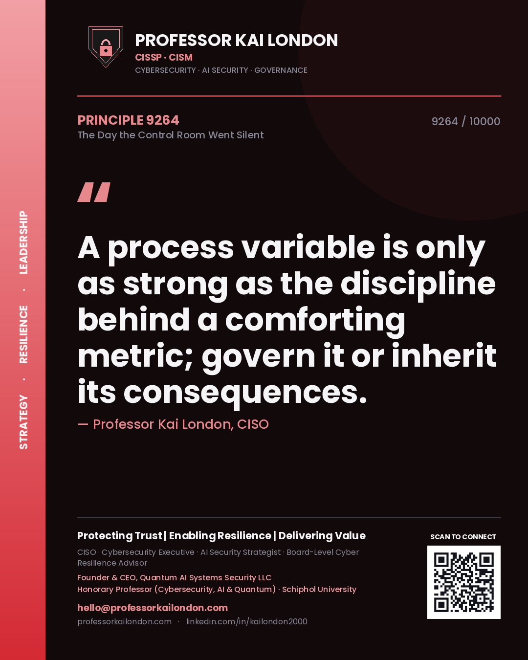 Quote card by Professor Kai London reading 'A process variable is only as strong as the discipline behind a comforting metric; govern it or inherit its consequences.'. From the book The Day the Control Room Went Silent.