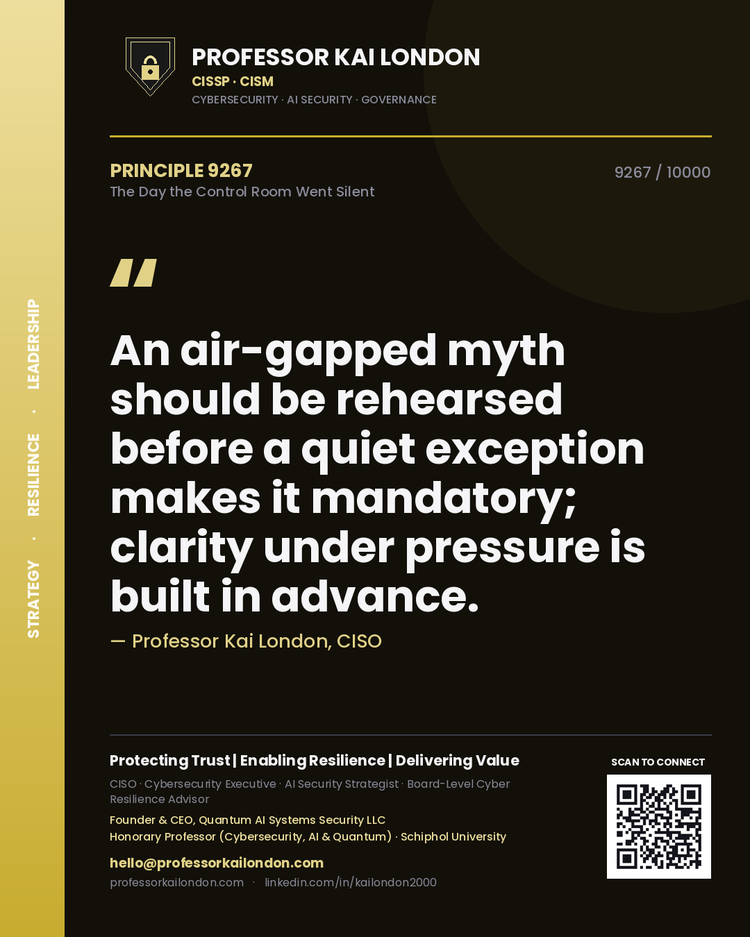 Professor Kai London principle 9267: An air-gapped myth should be rehearsed before a quiet exception makes it mandatory; clarity under pressure is built in advance.