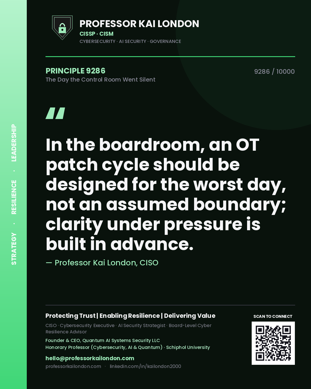 Quote card by Professor Kai London reading 'In the boardroom, an OT patch cycle should be designed for the worst day, not an assumed boundary; clarity under pressure is built in advance.'. From the book The Day the Control Room Went Silent.
