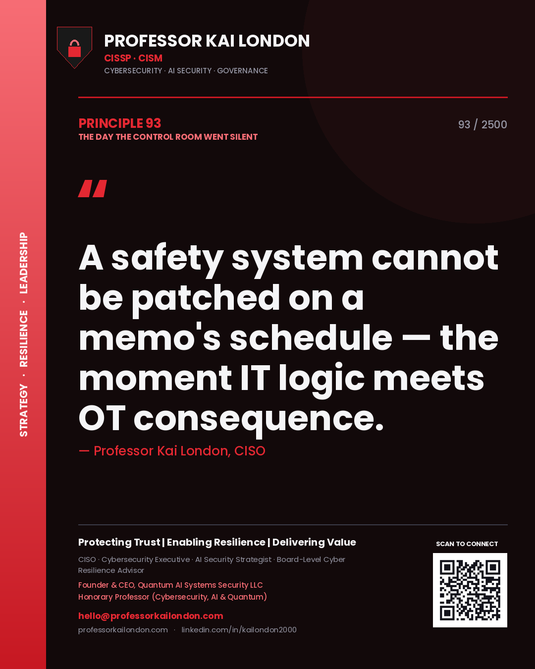Quote card by Professor Kai London reading 'A safety system cannot be patched on a memo's schedule — the moment IT logic meets OT consequence.'. From the book The Day the Control Room Went Silent.