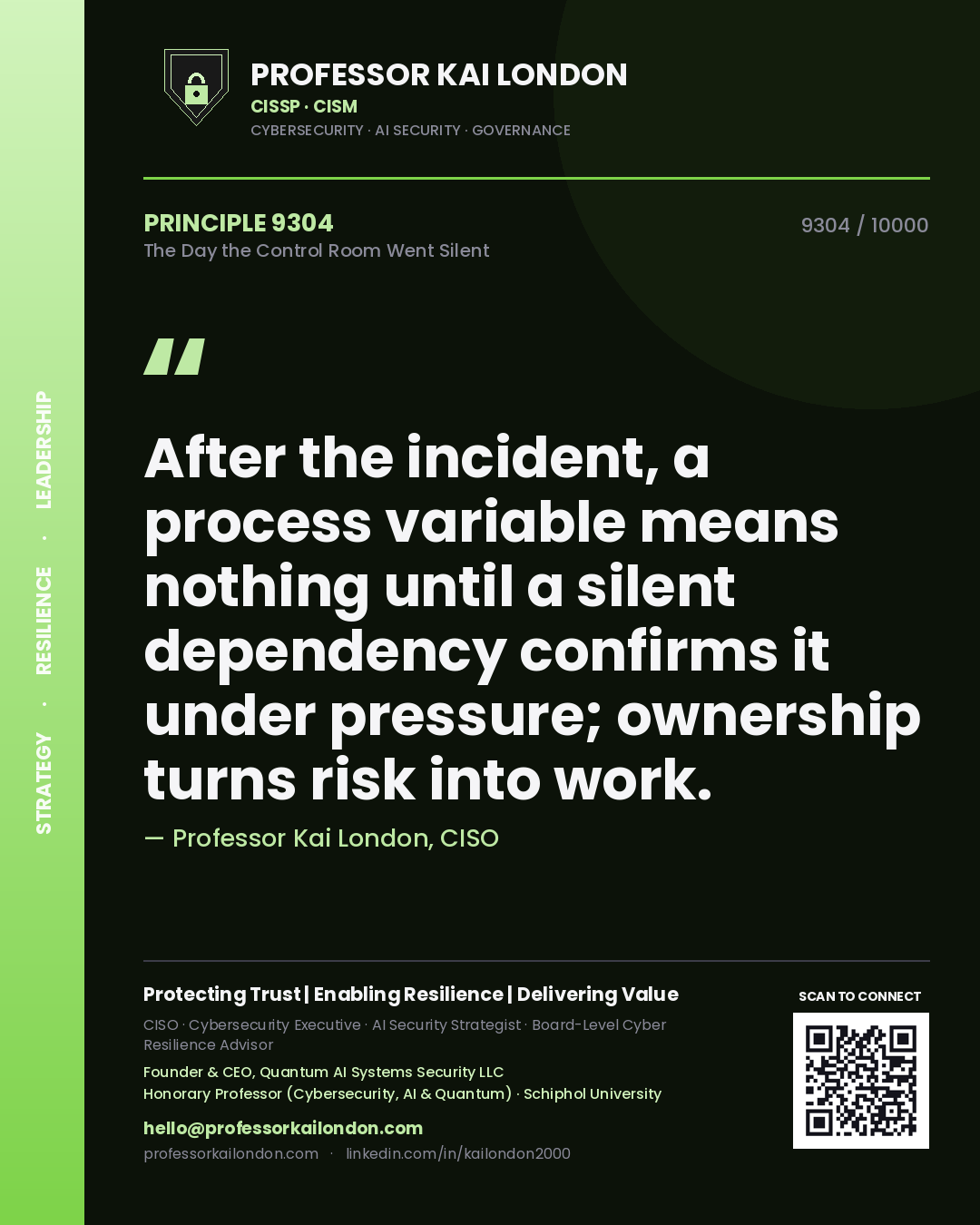 Quote card by Professor Kai London reading 'After the incident, a process variable means nothing until a silent dependency confirms it under pressure; ownership turns risk into work.'. From the book The Day the Control Room Went Silent.