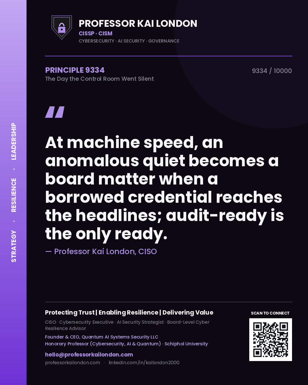 Quote card by Professor Kai London reading 'At machine speed, an anomalous quiet becomes a board matter when a borrowed credential reaches the headlines; audit-ready is the only ready.'. From the book The Day the Control Room Went Silent.