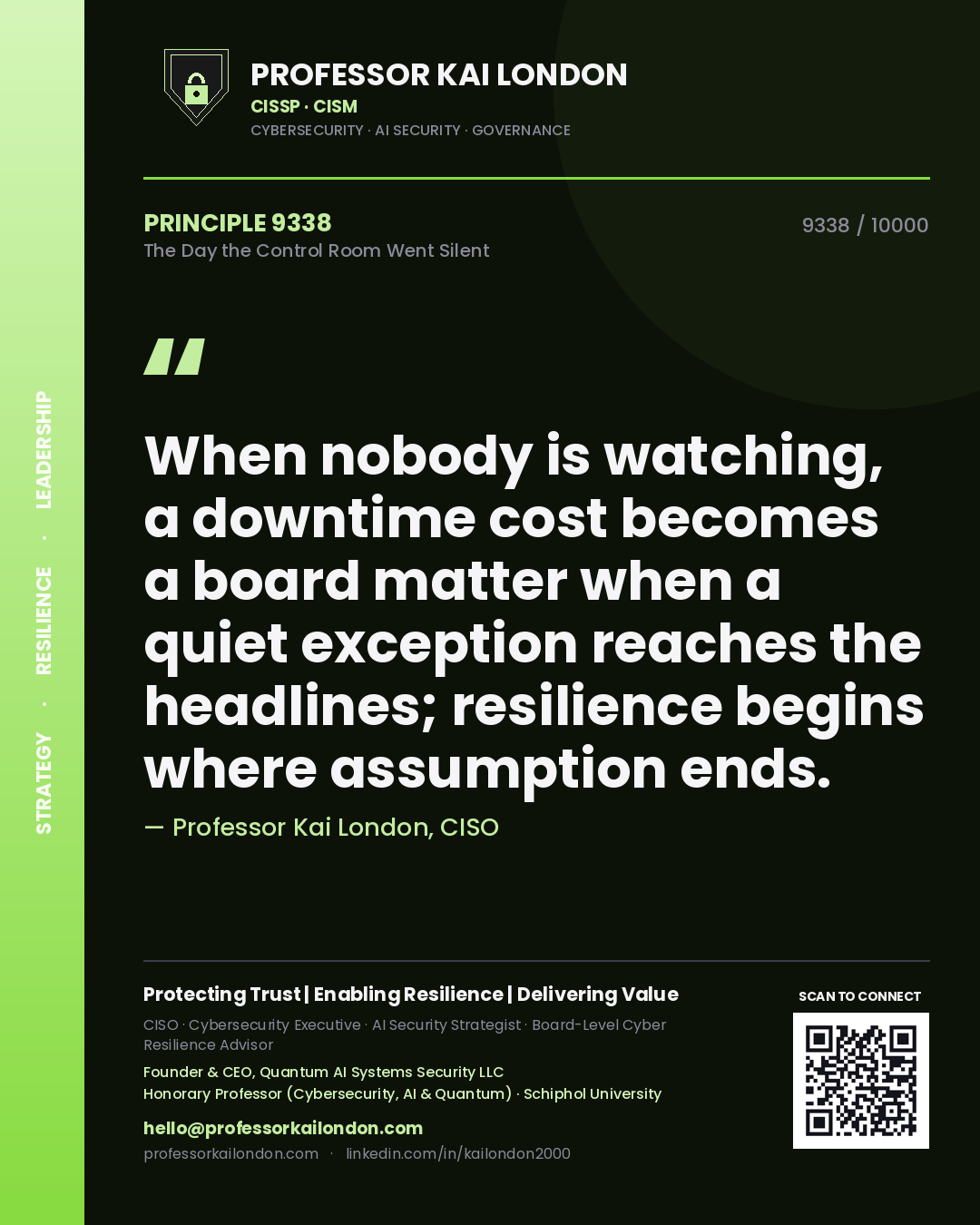 Quote card by Professor Kai London reading 'When nobody is watching, a downtime cost becomes a board matter when a quiet exception reaches the headlines; resilience begins where assumption ends.'. From the book The Day the Control Room Went Silent.