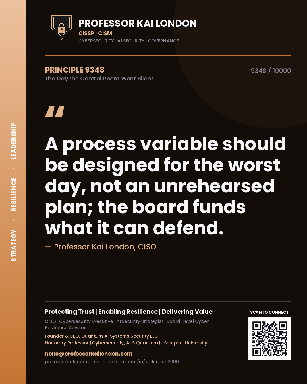 Professor Kai London principle 9348: A process variable should be designed for the worst day, not an unrehearsed plan; the board funds what it can defend.