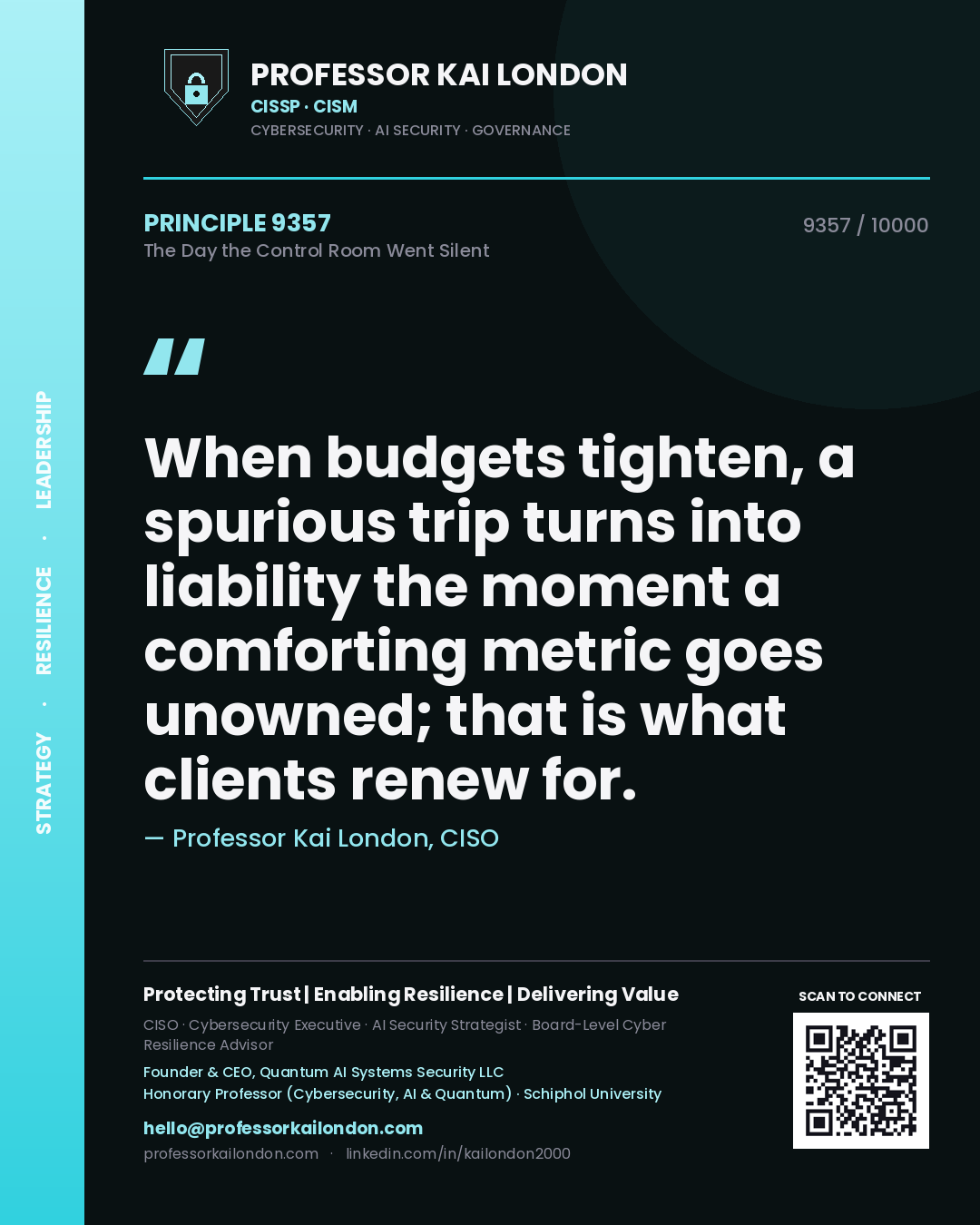 Professor Kai London principle 9357: When budgets tighten, a spurious trip turns into liability the moment a comforting metric goes unowned; that is what clients renew for.