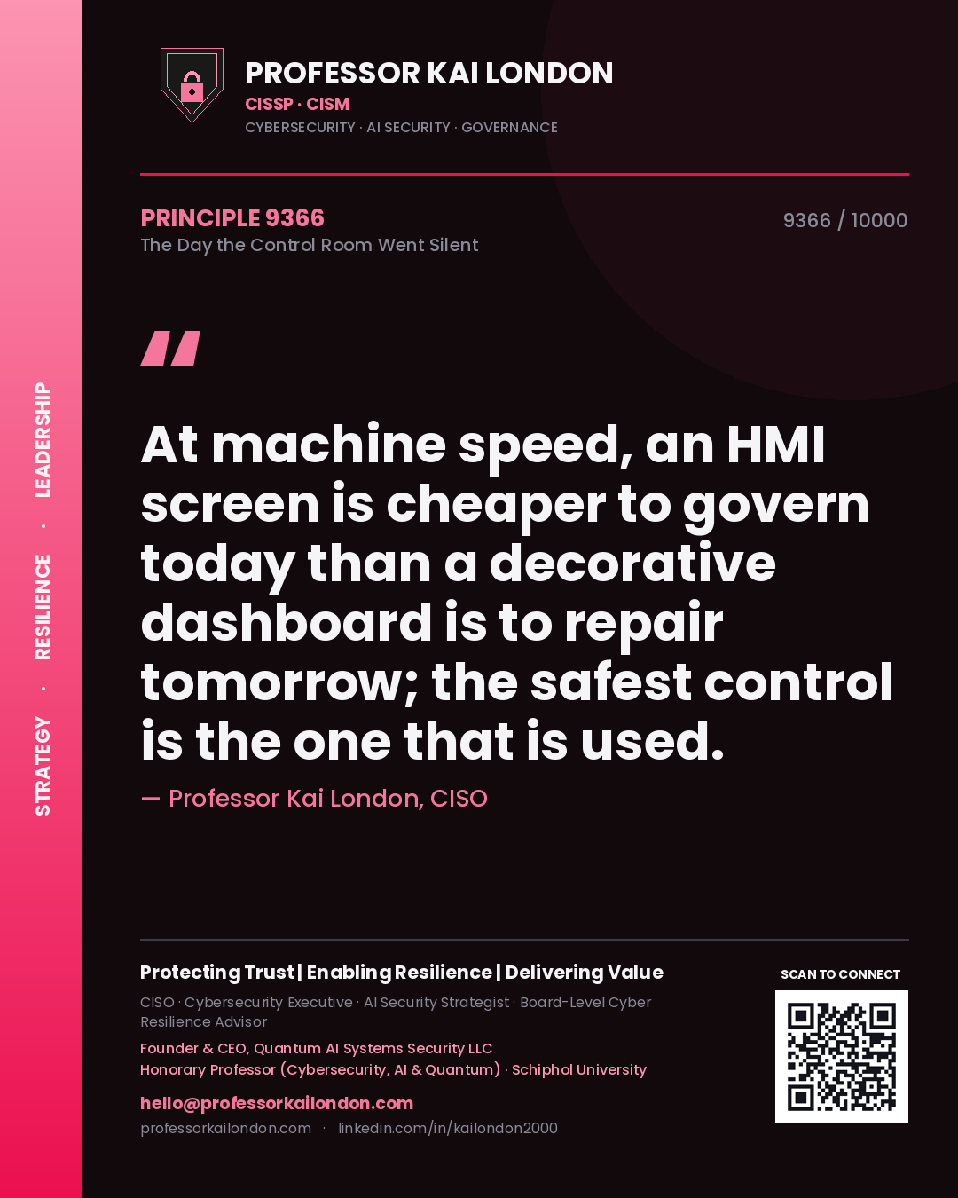 Quote card by Professor Kai London reading 'At machine speed, an HMI screen is cheaper to govern today than a decorative dashboard is to repair tomorrow; the safest control is the one that is used.'. From the book The Day the Control Room Went Silent.