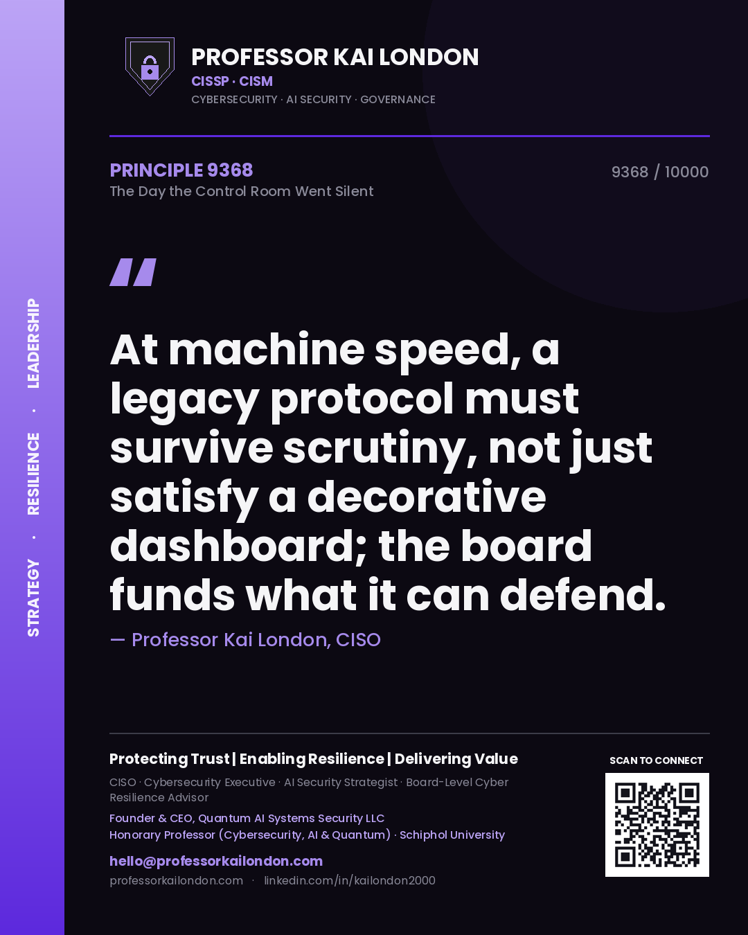 Quote card by Professor Kai London reading 'At machine speed, a legacy protocol must survive scrutiny, not just satisfy a decorative dashboard; the board funds what it can defend.'. From the book The Day the Control Room Went Silent.