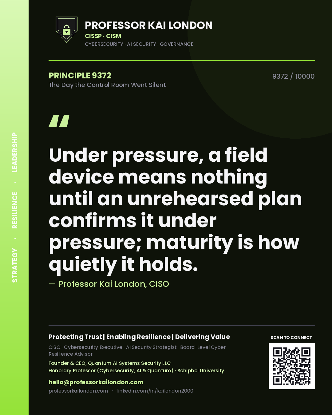 Quote card by Professor Kai London reading 'Under pressure, a field device means nothing until an unrehearsed plan confirms it under pressure; maturity is how quietly it holds.'. From the book The Day the Control Room Went Silent.