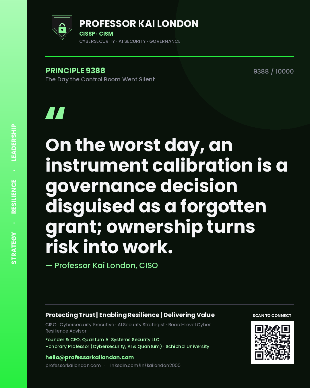 Quote card by Professor Kai London reading 'On the worst day, an instrument calibration is a governance decision disguised as a forgotten grant; ownership turns risk into work.'. From the book The Day the Control Room Went Silent.