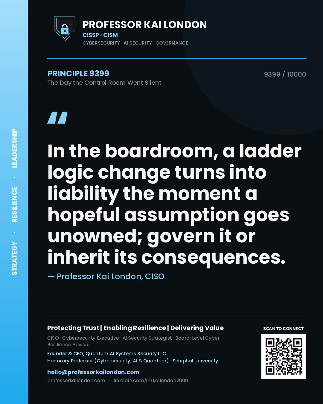 Professor Kai London principle 9399: In the boardroom, a ladder logic change turns into liability the moment a hopeful assumption goes unowned; govern it or inherit its consequences.
