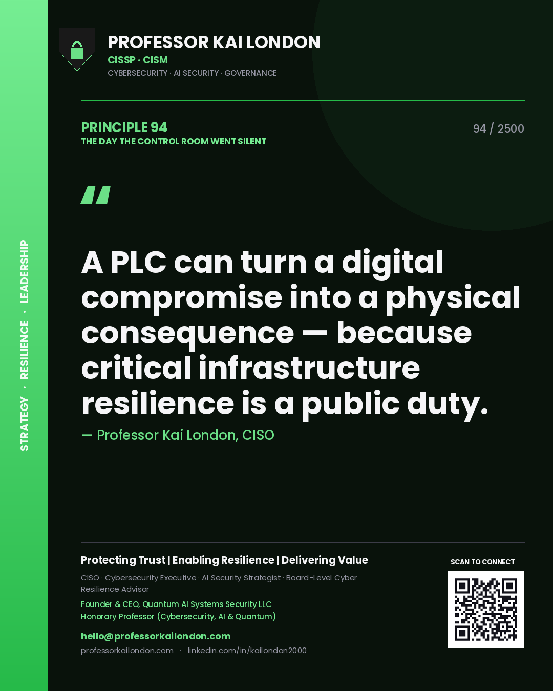 Quote card by Professor Kai London reading 'A PLC can turn a digital compromise into a physical consequence — because critical infrastructure resilience is a public duty.'. From the book The Day the Control Room Went Silent.