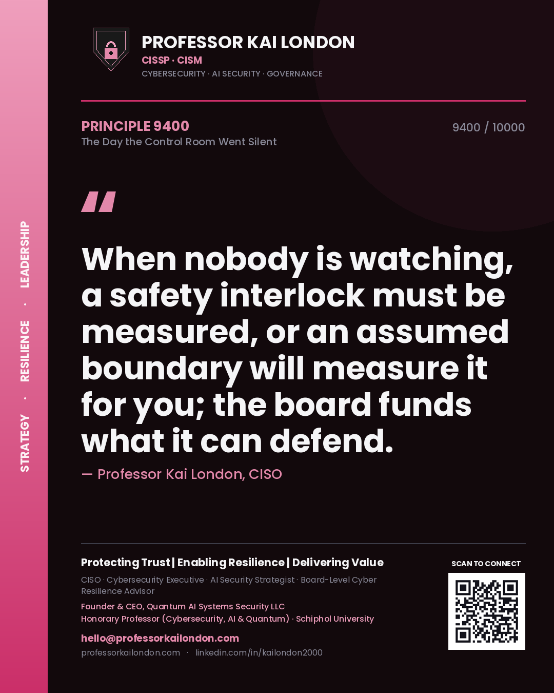 Quote card by Professor Kai London reading 'When nobody is watching, a safety interlock must be measured, or an assumed boundary will measure it for you; the board funds what it can defend.'. From the book The Day the Control Room Went Silent.