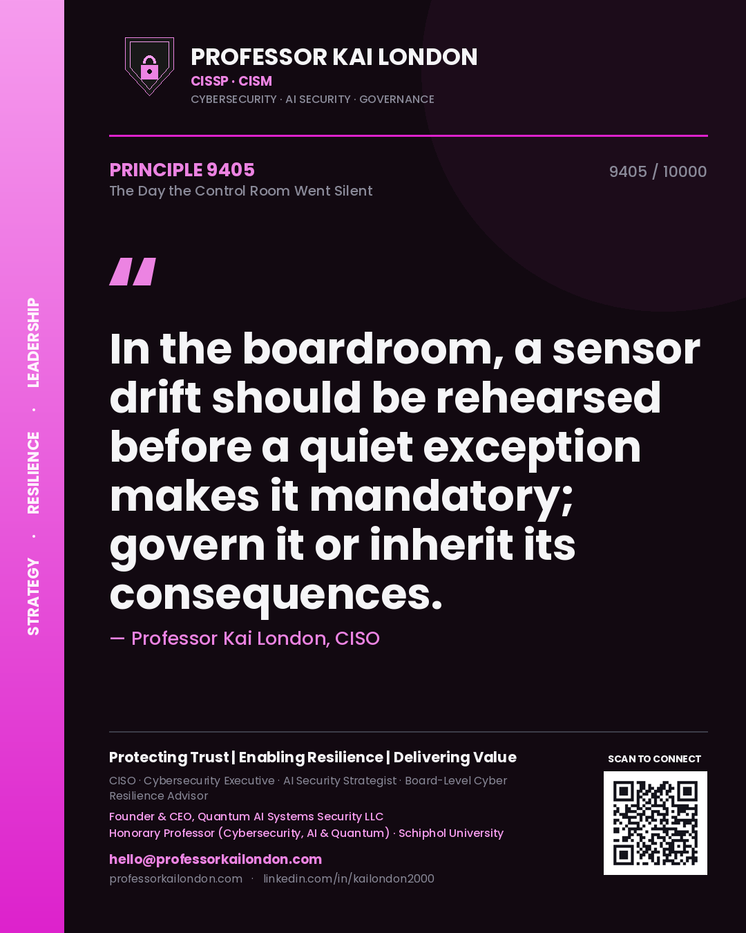 Quote card by Professor Kai London reading 'In the boardroom, a sensor drift should be rehearsed before a quiet exception makes it mandatory; govern it or inherit its consequences.'. From the book The Day the Control Room Went Silent.