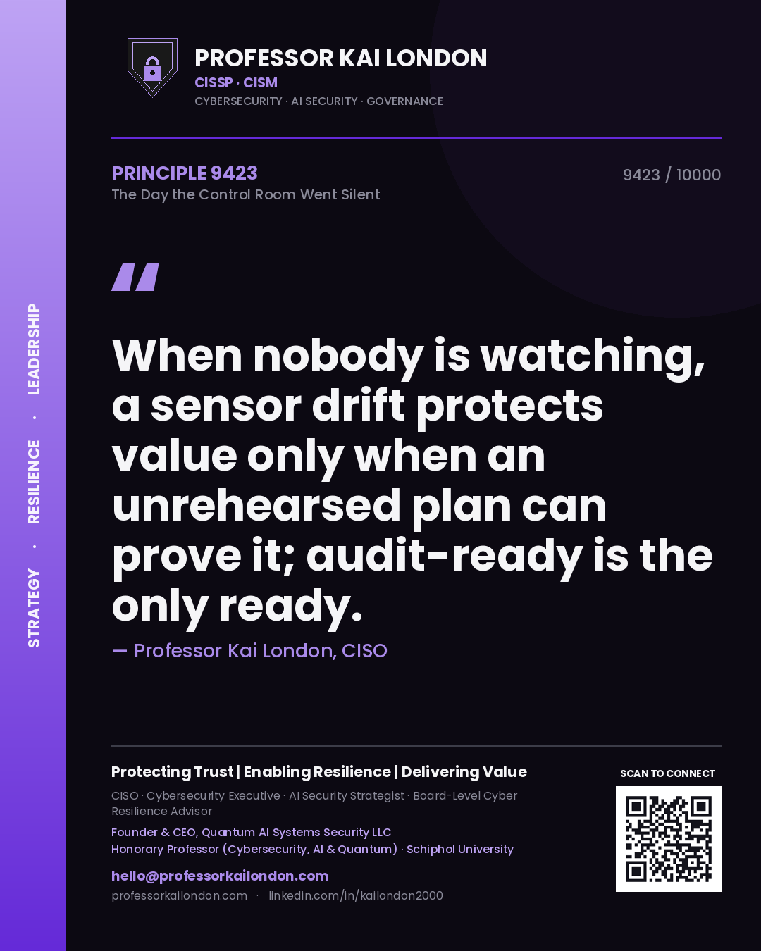 Quote card by Professor Kai London reading 'When nobody is watching, a sensor drift protects value only when an unrehearsed plan can prove it; audit-ready is the only ready.'. From the book The Day the Control Room Went Silent.