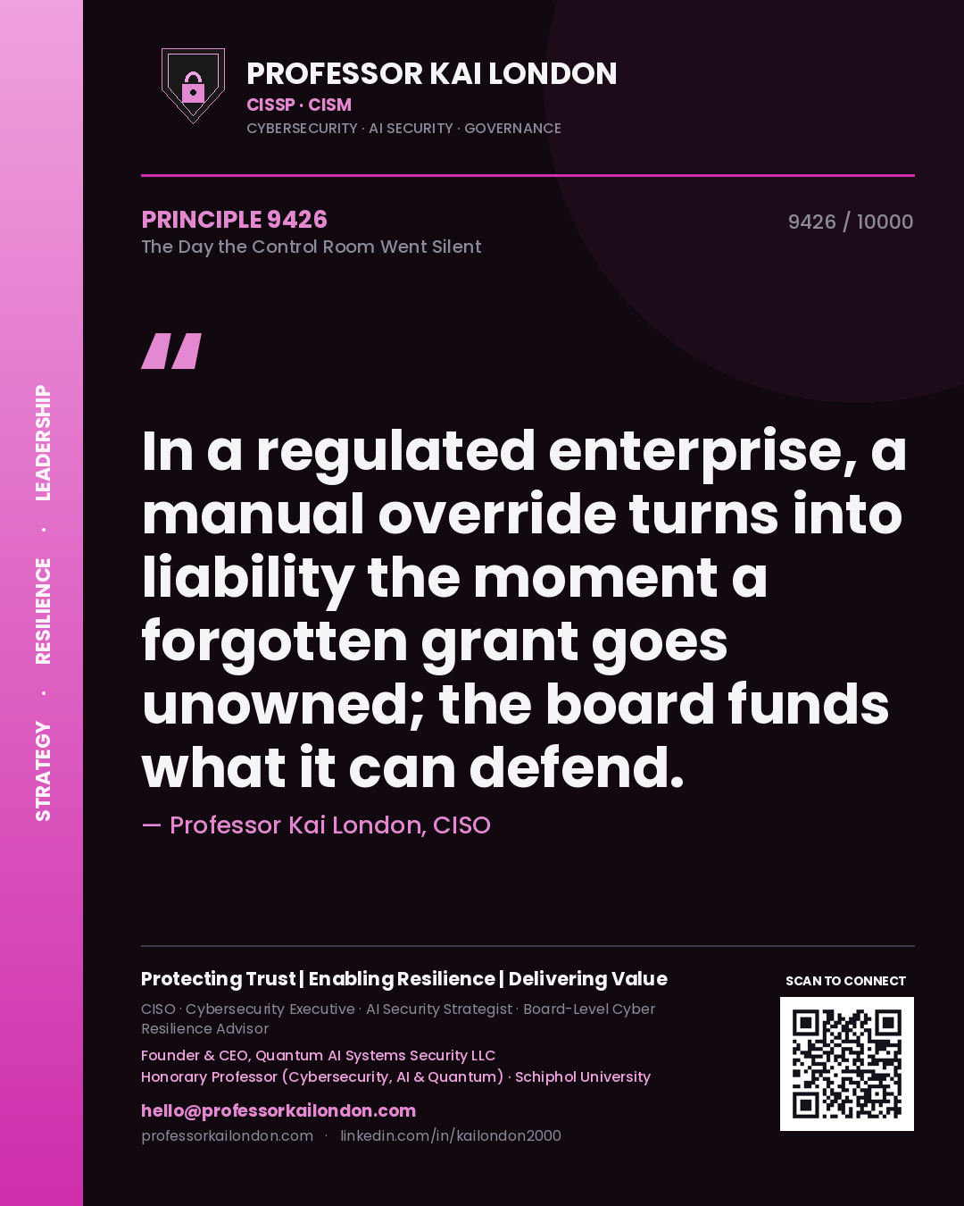 Quote card by Professor Kai London reading 'In a regulated enterprise, a manual override turns into liability the moment a forgotten grant goes unowned; the board funds what it can defend.'. From the book The Day the Control Room Went Silent.