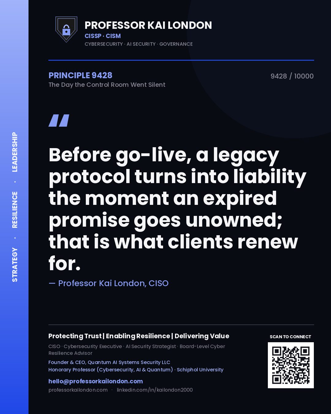 Quote card by Professor Kai London reading 'Before go-live, a legacy protocol turns into liability the moment an expired promise goes unowned; that is what clients renew for.'. From the book The Day the Control Room Went Silent.