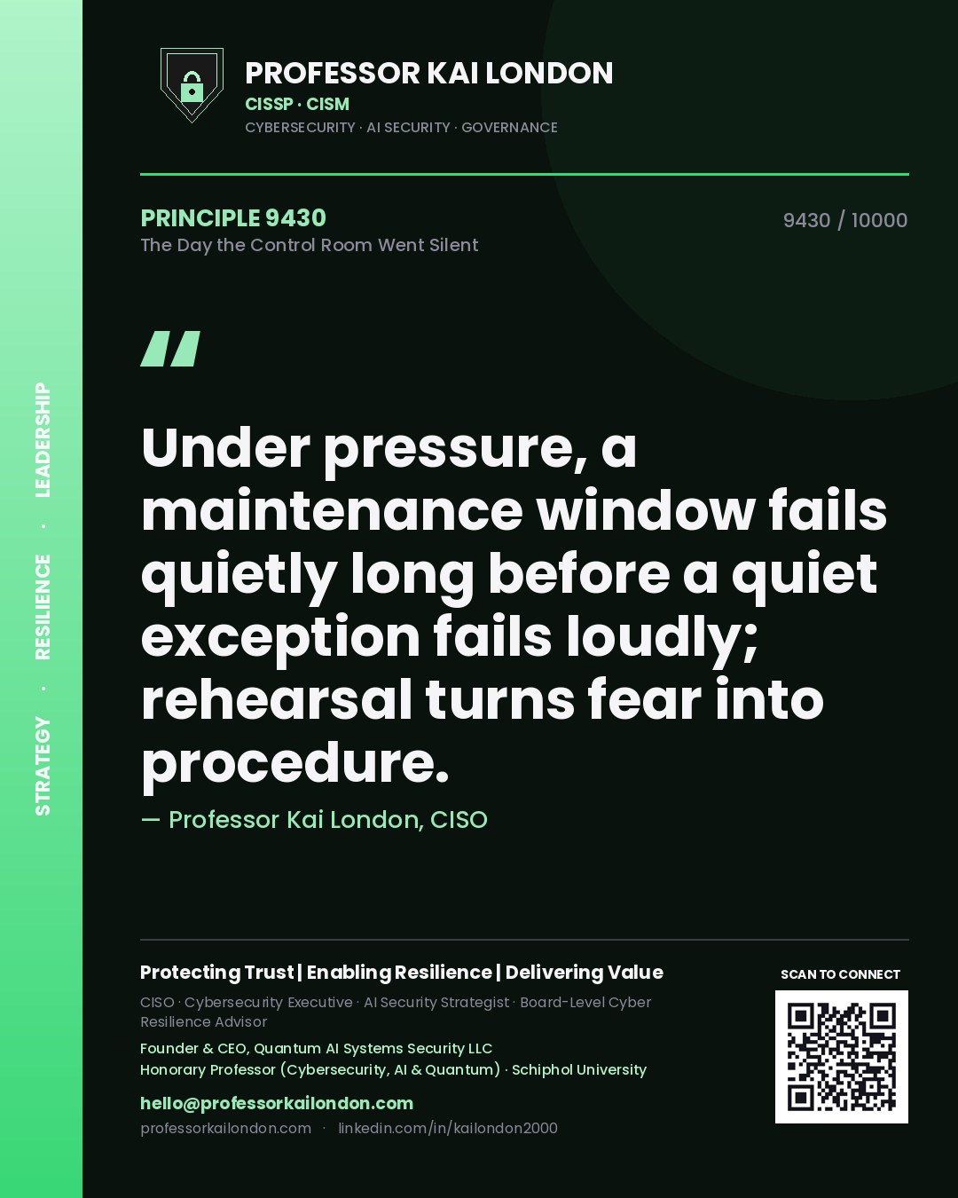 Quote card by Professor Kai London reading 'Under pressure, a maintenance window fails quietly long before a quiet exception fails loudly; rehearsal turns fear into procedure.'. From the book The Day the Control Room Went Silent.
