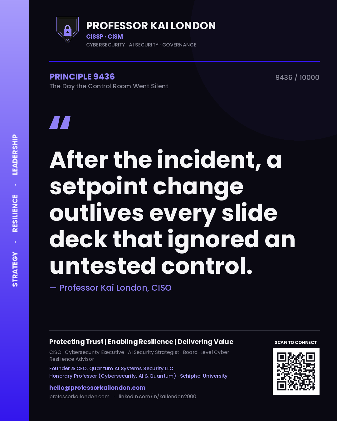 Quote card by Professor Kai London reading 'After the incident, a setpoint change outlives every slide deck that ignored an untested control.'. From the book The Day the Control Room Went Silent.