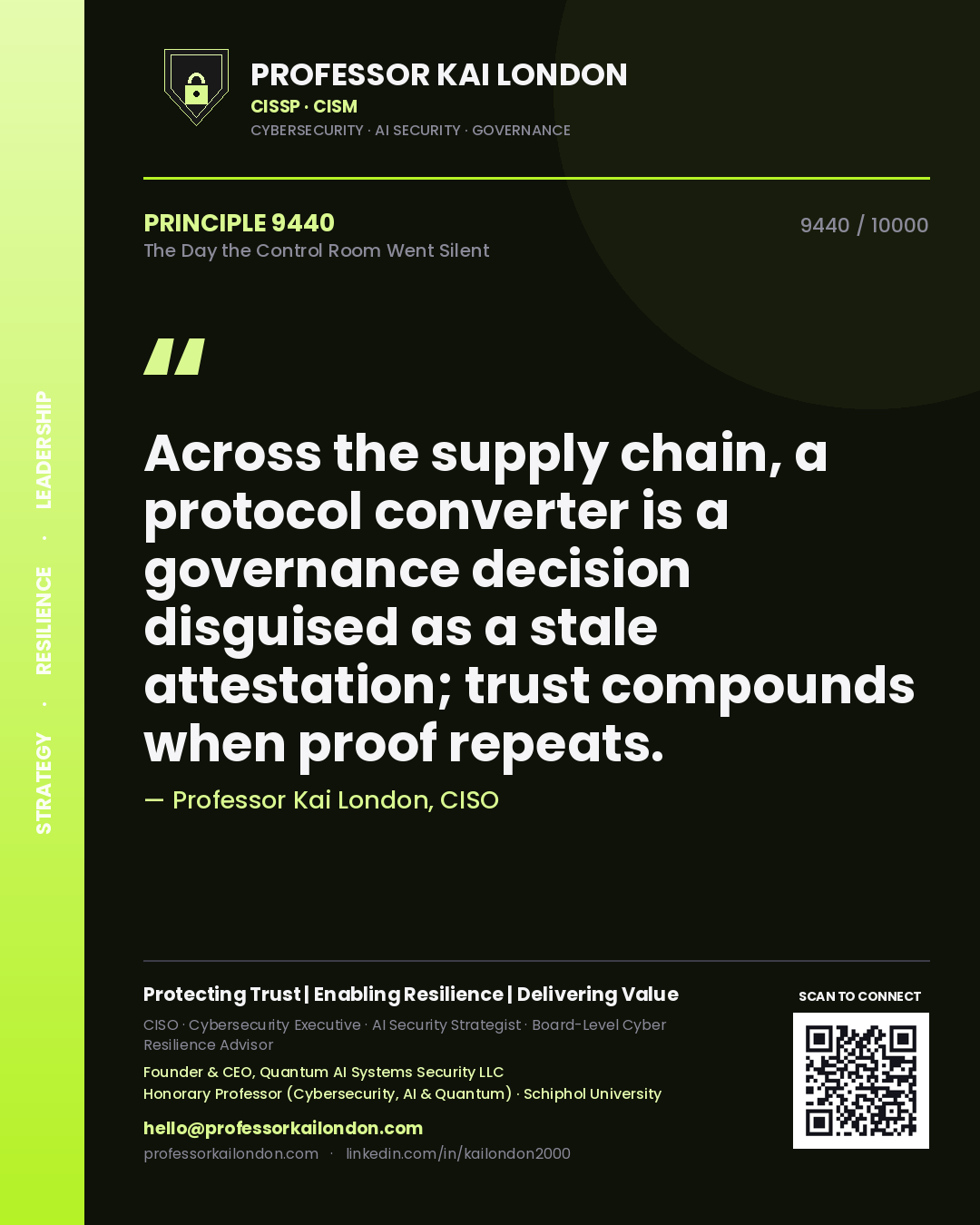 Quote card by Professor Kai London reading 'Across the supply chain, a protocol converter is a governance decision disguised as a stale attestation; trust compounds when proof repeats.'. From the book The Day the Control Room Went Silent.