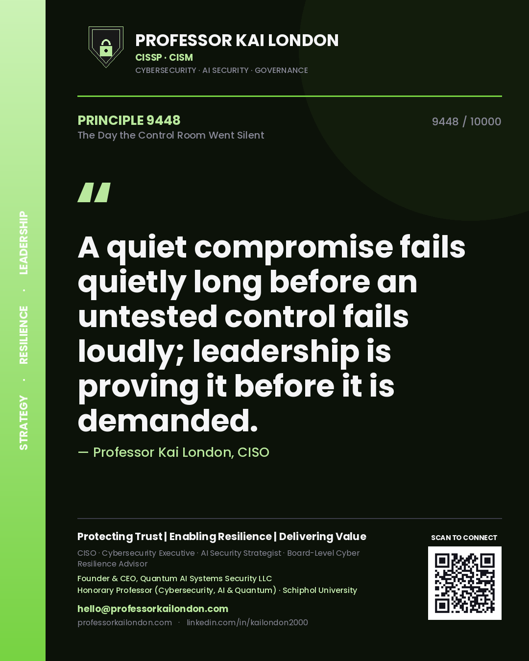 Quote card by Professor Kai London reading 'A quiet compromise fails quietly long before an untested control fails loudly; leadership is proving it before it is demanded.'. From the book The Day the Control Room Went Silent.