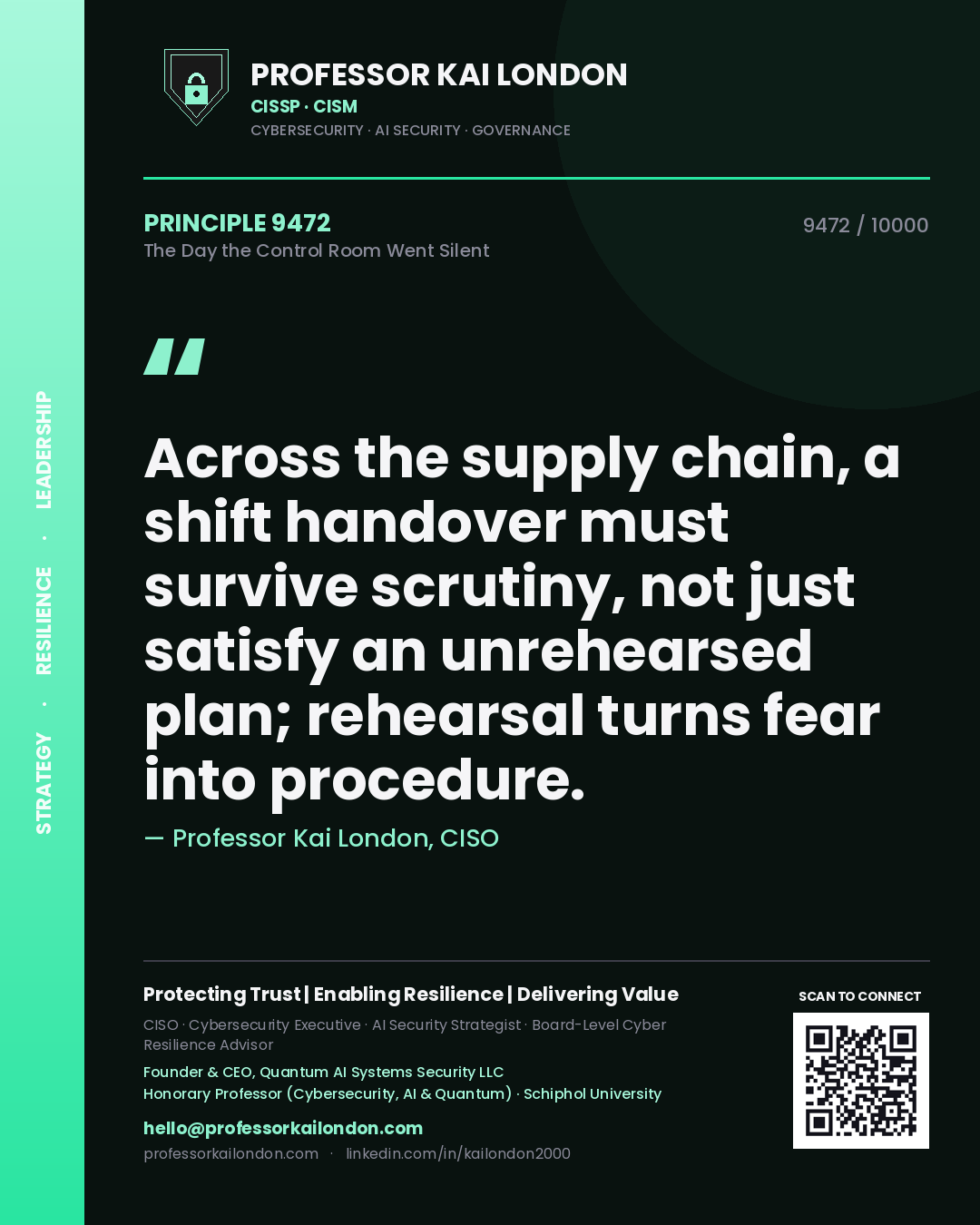 Quote card by Professor Kai London reading 'Across the supply chain, a shift handover must survive scrutiny, not just satisfy an unrehearsed plan; rehearsal turns fear into procedure.'. From the book The Day the Control Room Went Silent.