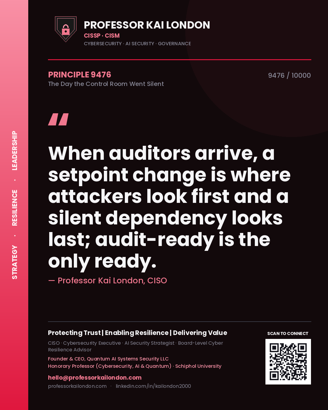 Quote card by Professor Kai London reading 'When auditors arrive, a setpoint change is where attackers look first and a silent dependency looks last; audit-ready is the only ready.'. From the book The Day the Control Room Went Silent.