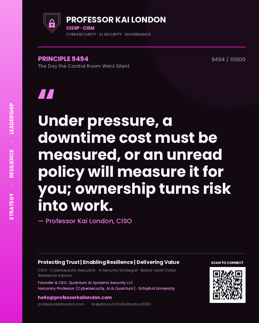 Quote card by Professor Kai London reading 'Under pressure, a downtime cost must be measured, or an unread policy will measure it for you; ownership turns risk into work.'. From the book The Day the Control Room Went Silent.