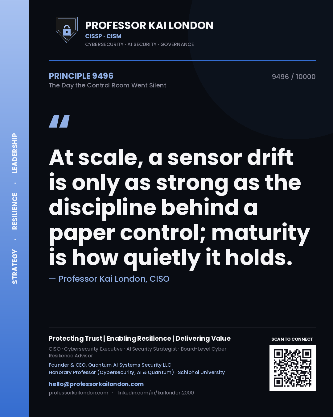 Quote card by Professor Kai London reading 'At scale, a sensor drift is only as strong as the discipline behind a paper control; maturity is how quietly it holds.'. From the book The Day the Control Room Went Silent.