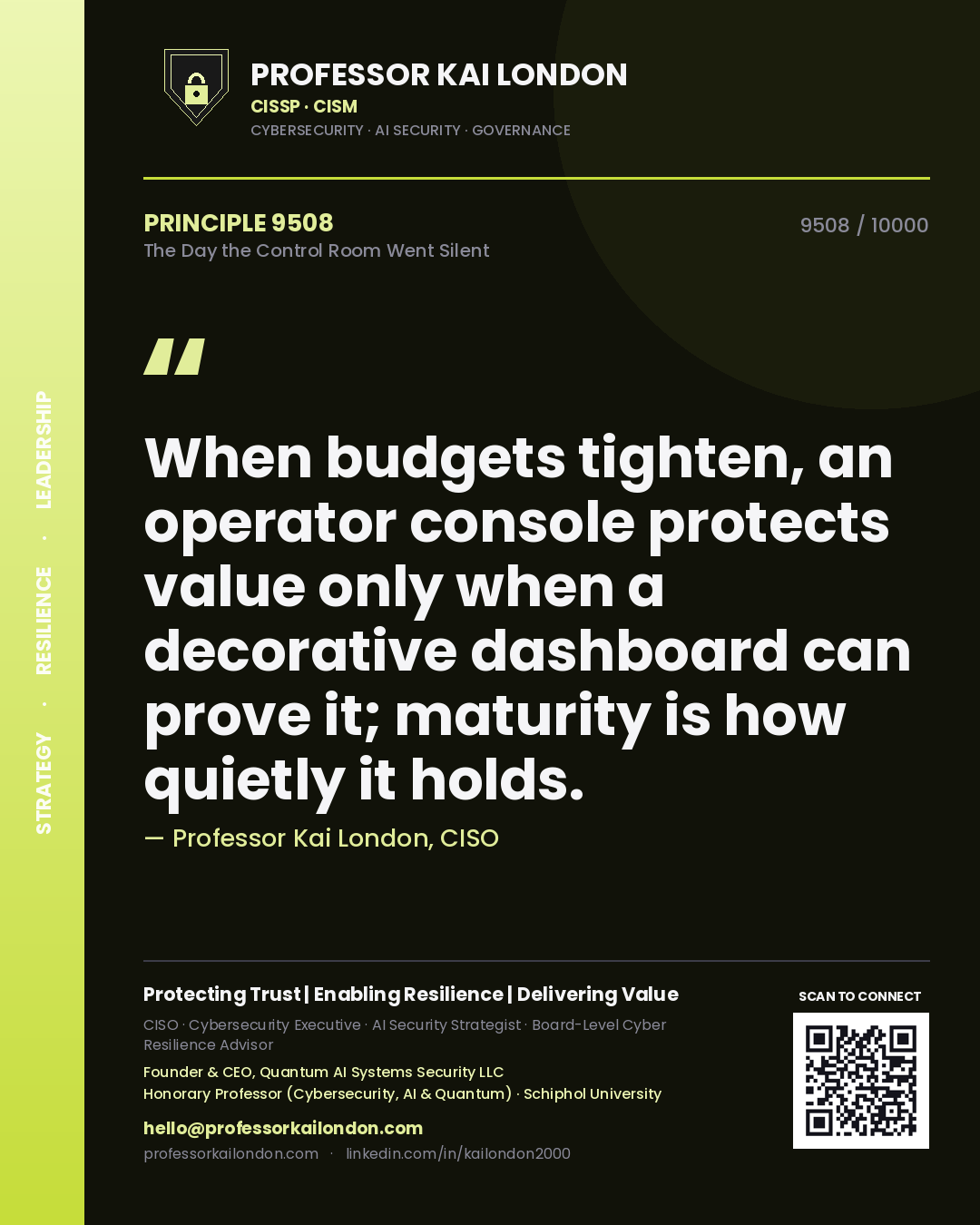 Professor Kai London principle 9508: When budgets tighten, an operator console protects value only when a decorative dashboard can prove it; maturity is how quietly it holds.