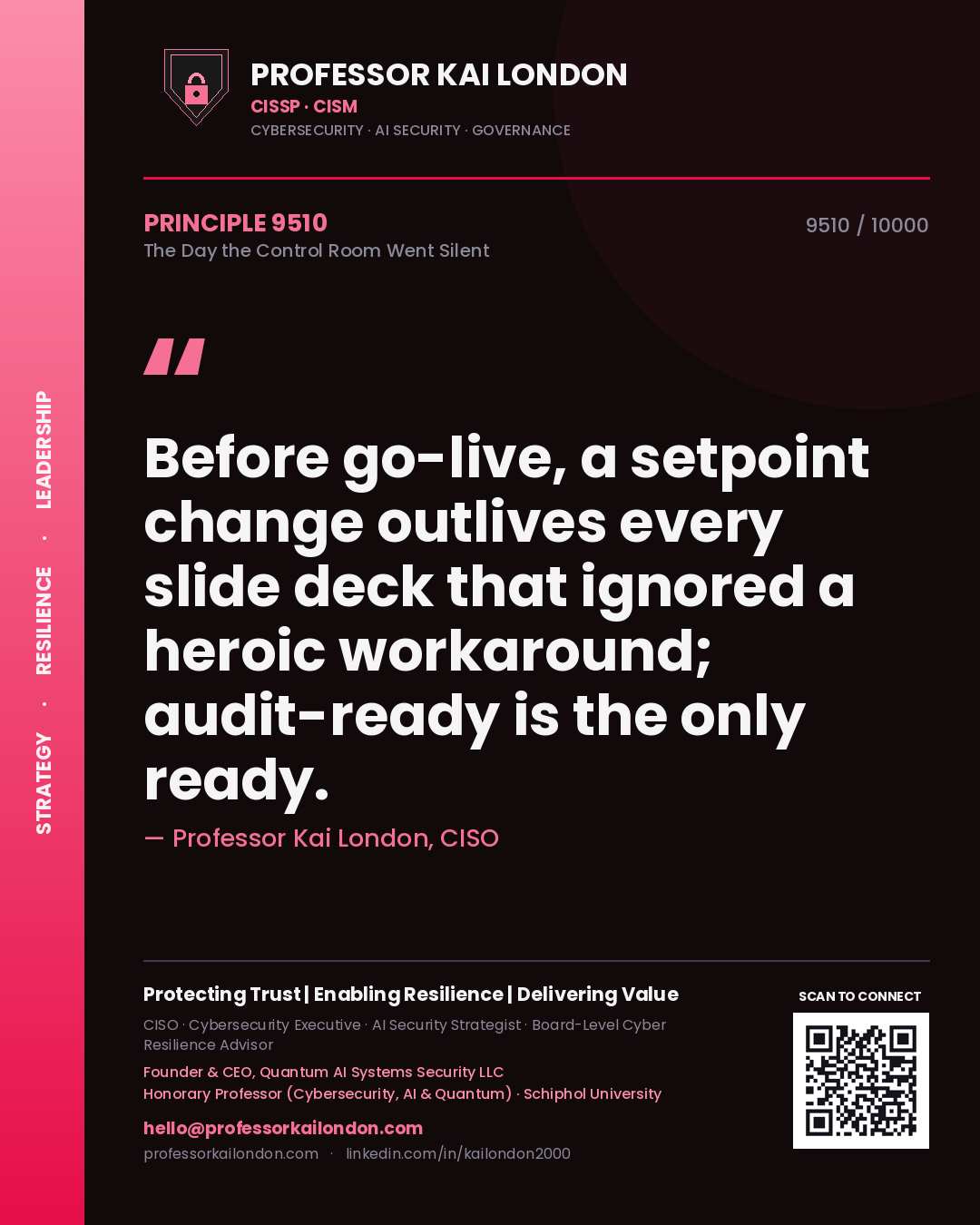 Quote card by Professor Kai London reading 'Before go-live, a setpoint change outlives every slide deck that ignored a heroic workaround; audit-ready is the only ready.'. From the book The Day the Control Room Went Silent.