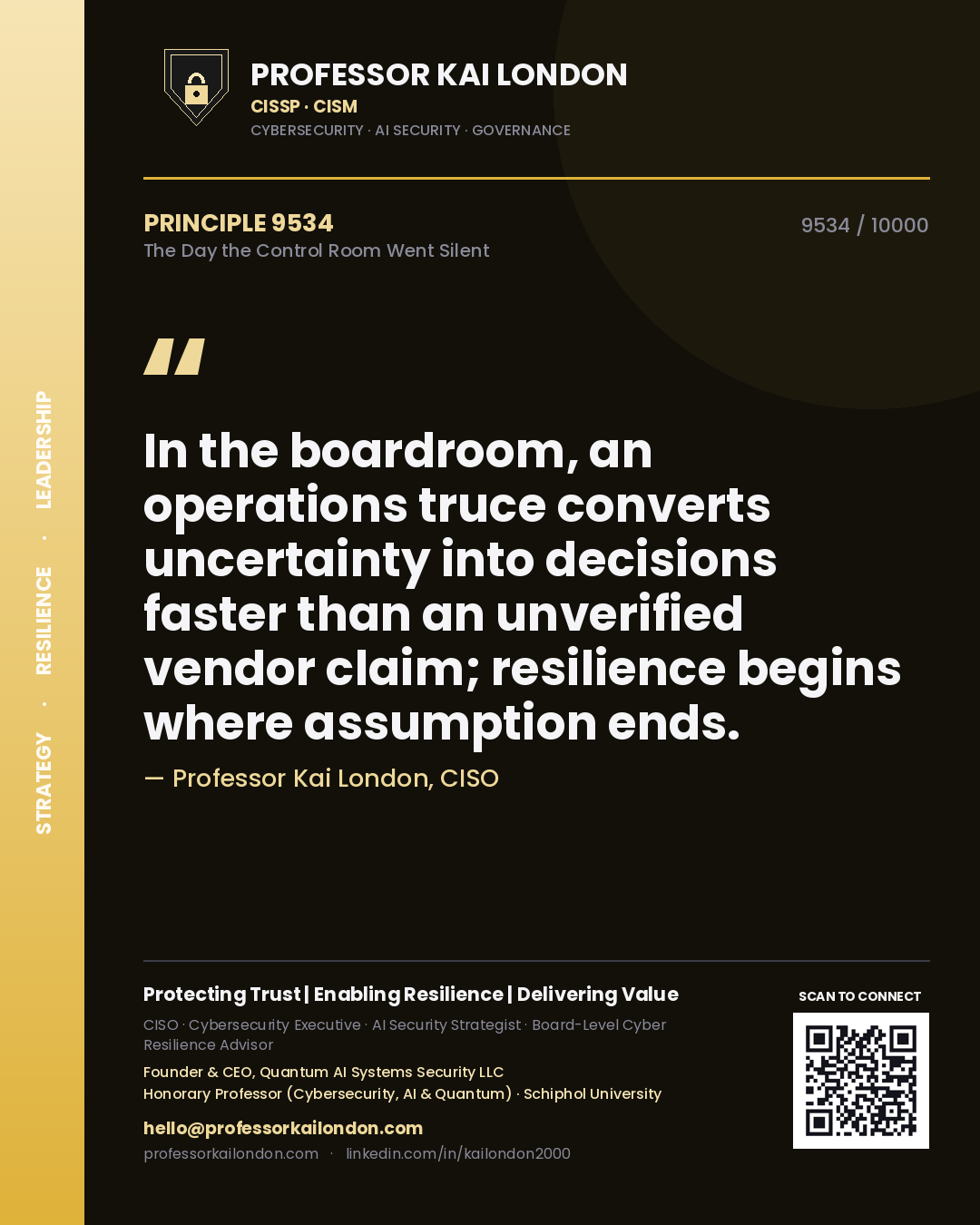 Professor Kai London principle 9534: In the boardroom, an operations truce converts uncertainty into decisions faster than an unverified vendor claim; resilience begins where assumption ends.