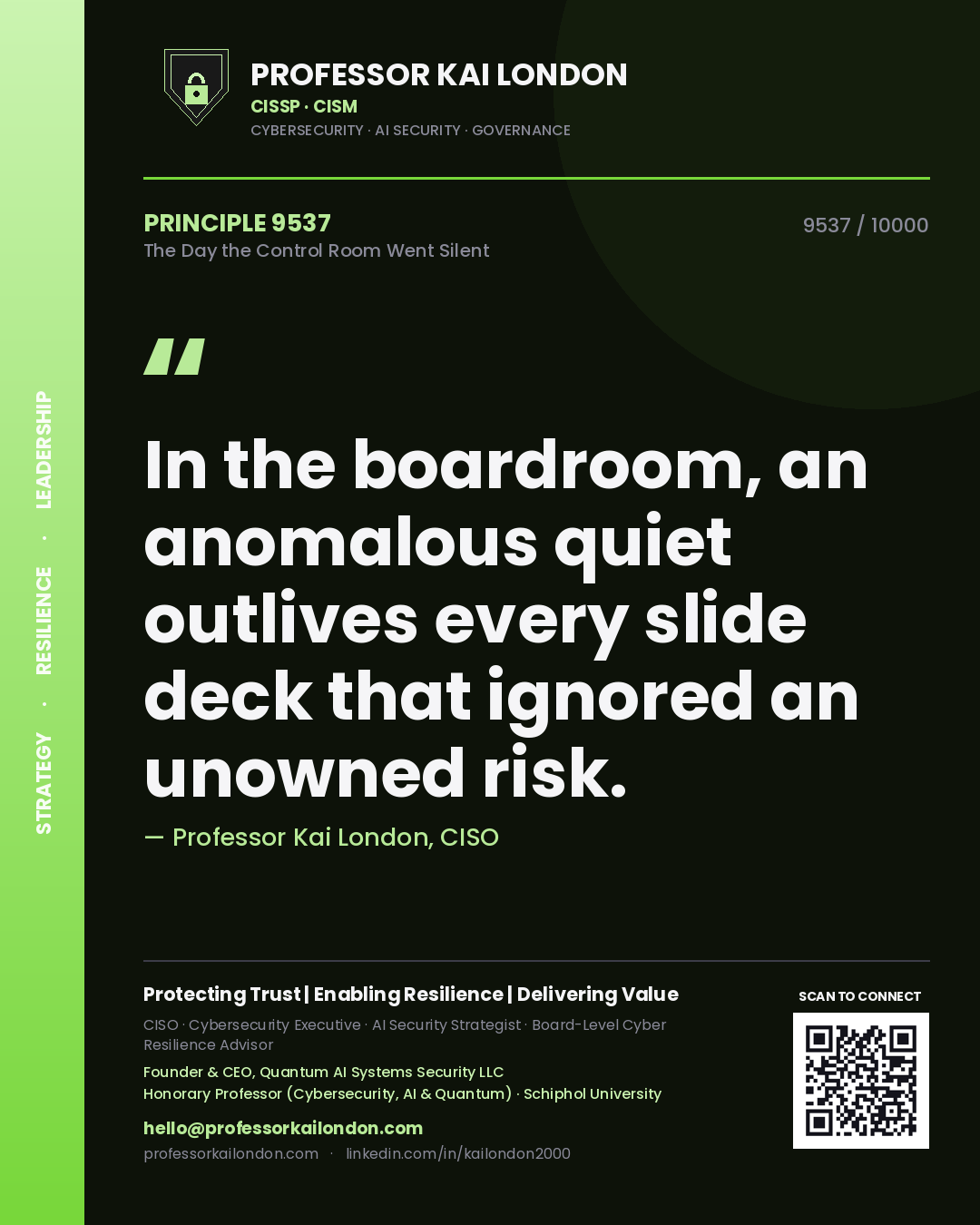 Quote card by Professor Kai London reading 'In the boardroom, an anomalous quiet outlives every slide deck that ignored an unowned risk.'. From the book The Day the Control Room Went Silent.