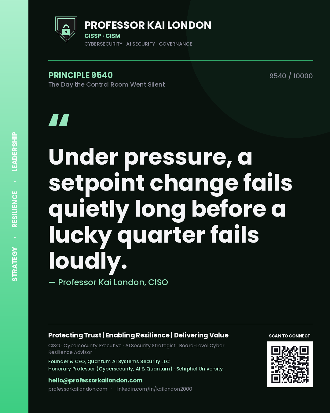 Quote card by Professor Kai London reading 'Under pressure, a setpoint change fails quietly long before a lucky quarter fails loudly.'. From the book The Day the Control Room Went Silent.