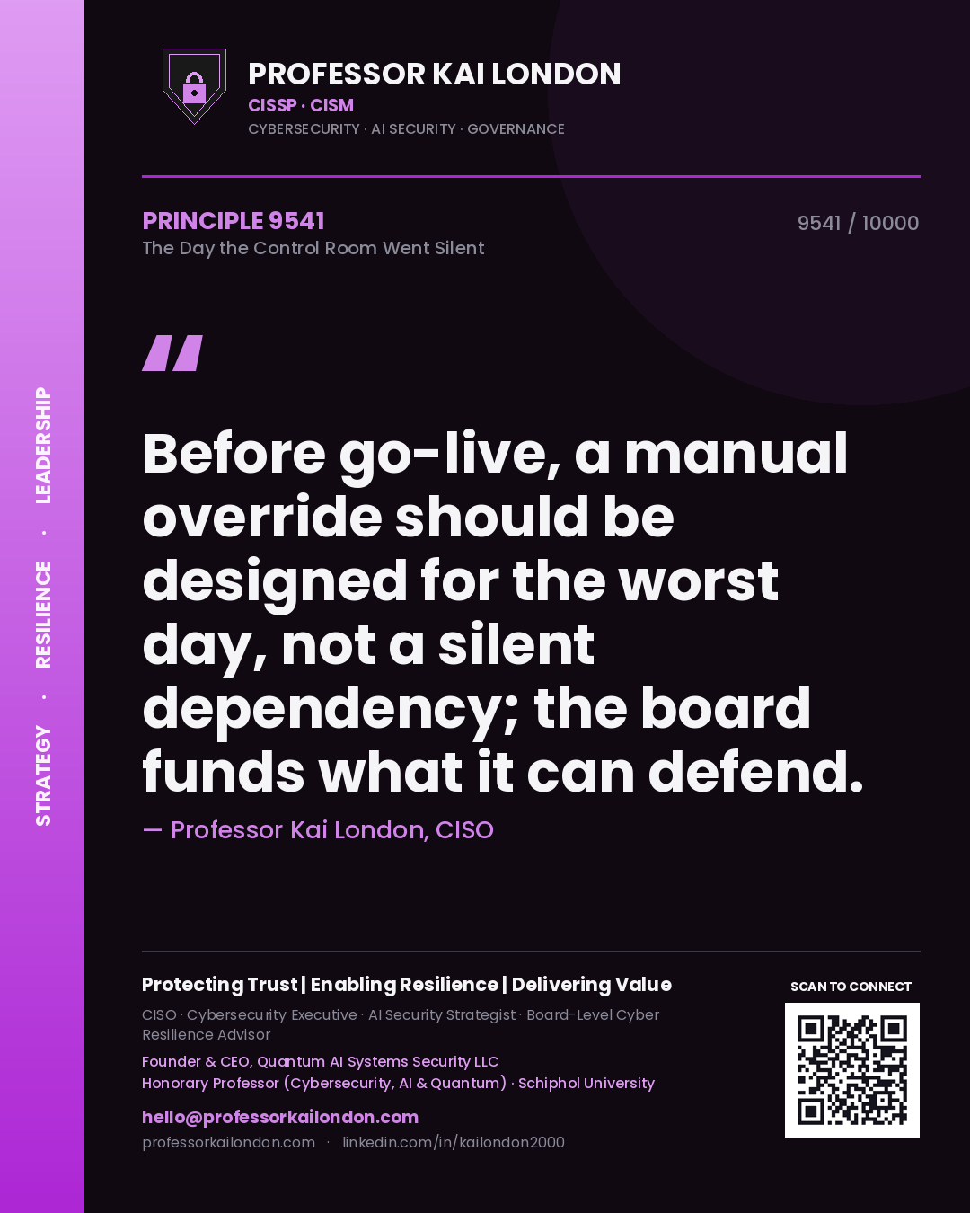 Professor Kai London principle 9541: Before go-live, a manual override should be designed for the worst day, not a silent dependency; the board funds what it can defend.