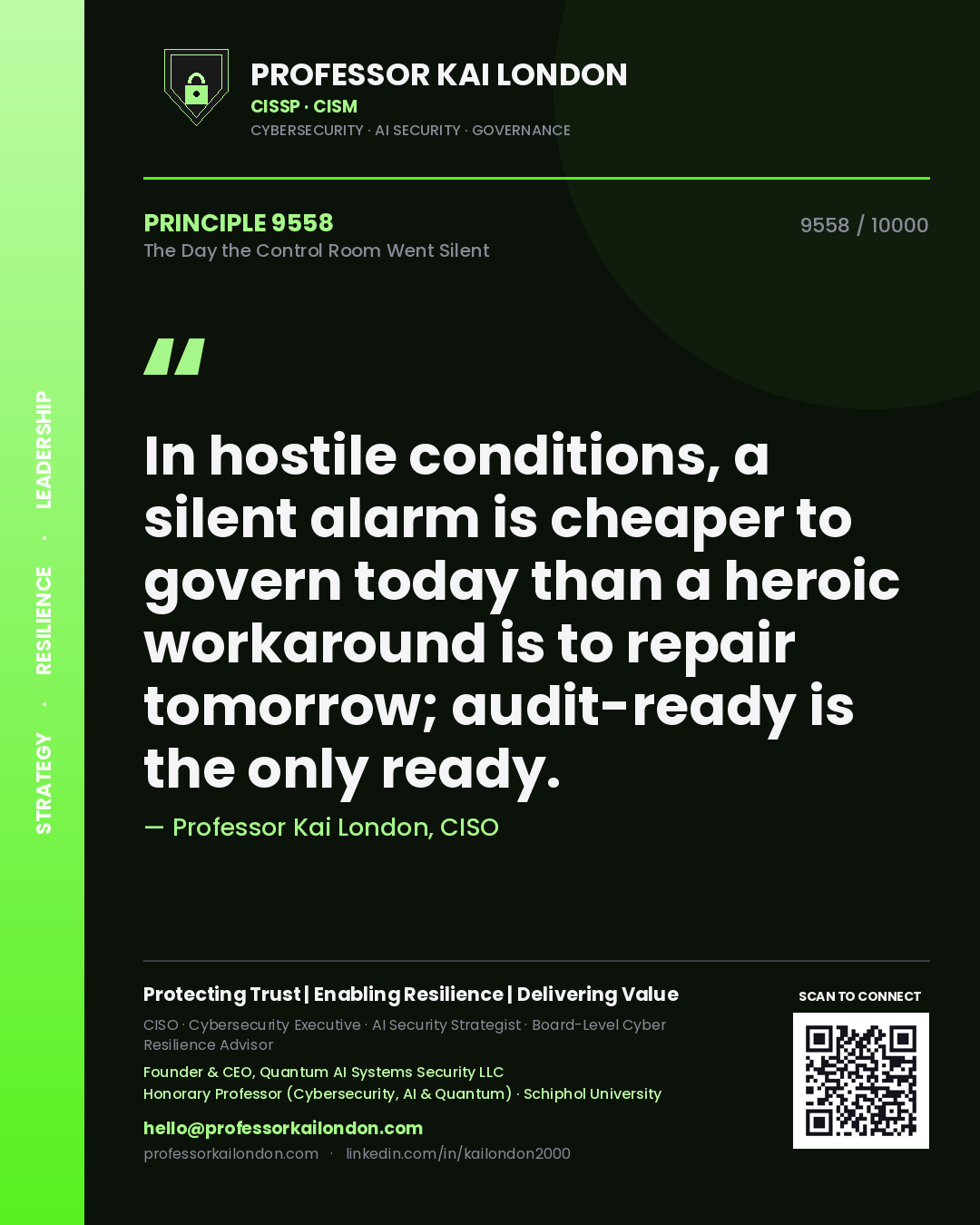 Professor Kai London principle 9558: In hostile conditions, a silent alarm is cheaper to govern today than a heroic workaround is to repair tomorrow; audit-ready is the only ready.