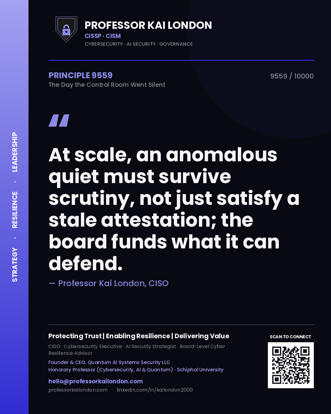 Quote card by Professor Kai London reading 'At scale, an anomalous quiet must survive scrutiny, not just satisfy a stale attestation; the board funds what it can defend.'. From the book The Day the Control Room Went Silent.