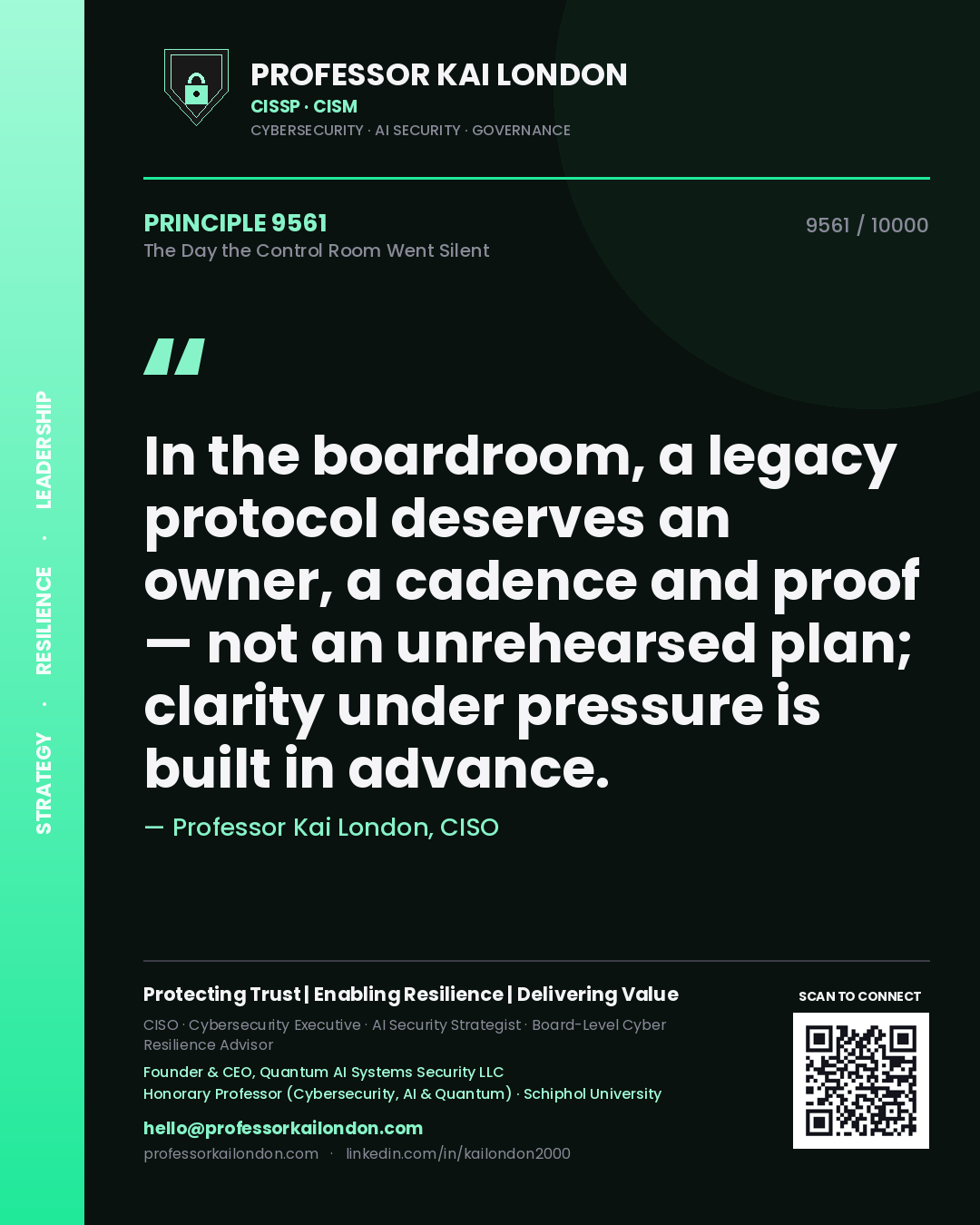 Professor Kai London principle 9561: In the boardroom, a legacy protocol deserves an owner, a cadence and proof — not an unrehearsed plan; clarity under pressure is built in advance.