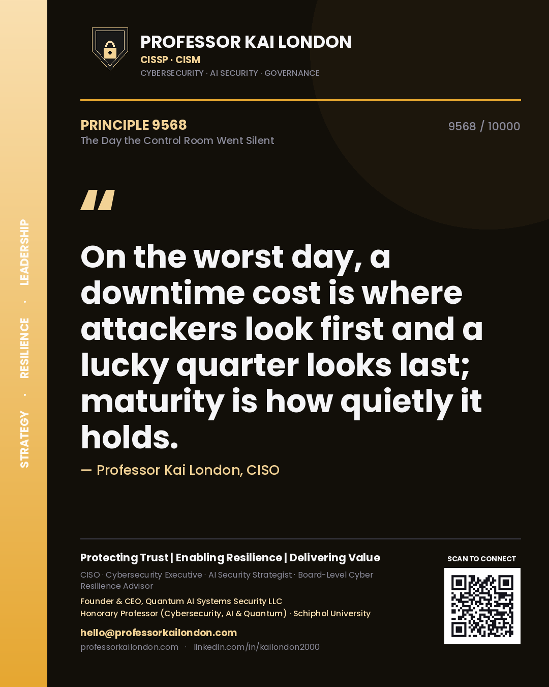 Quote card by Professor Kai London reading 'On the worst day, a downtime cost is where attackers look first and a lucky quarter looks last; maturity is how quietly it holds.'. From the book The Day the Control Room Went Silent.