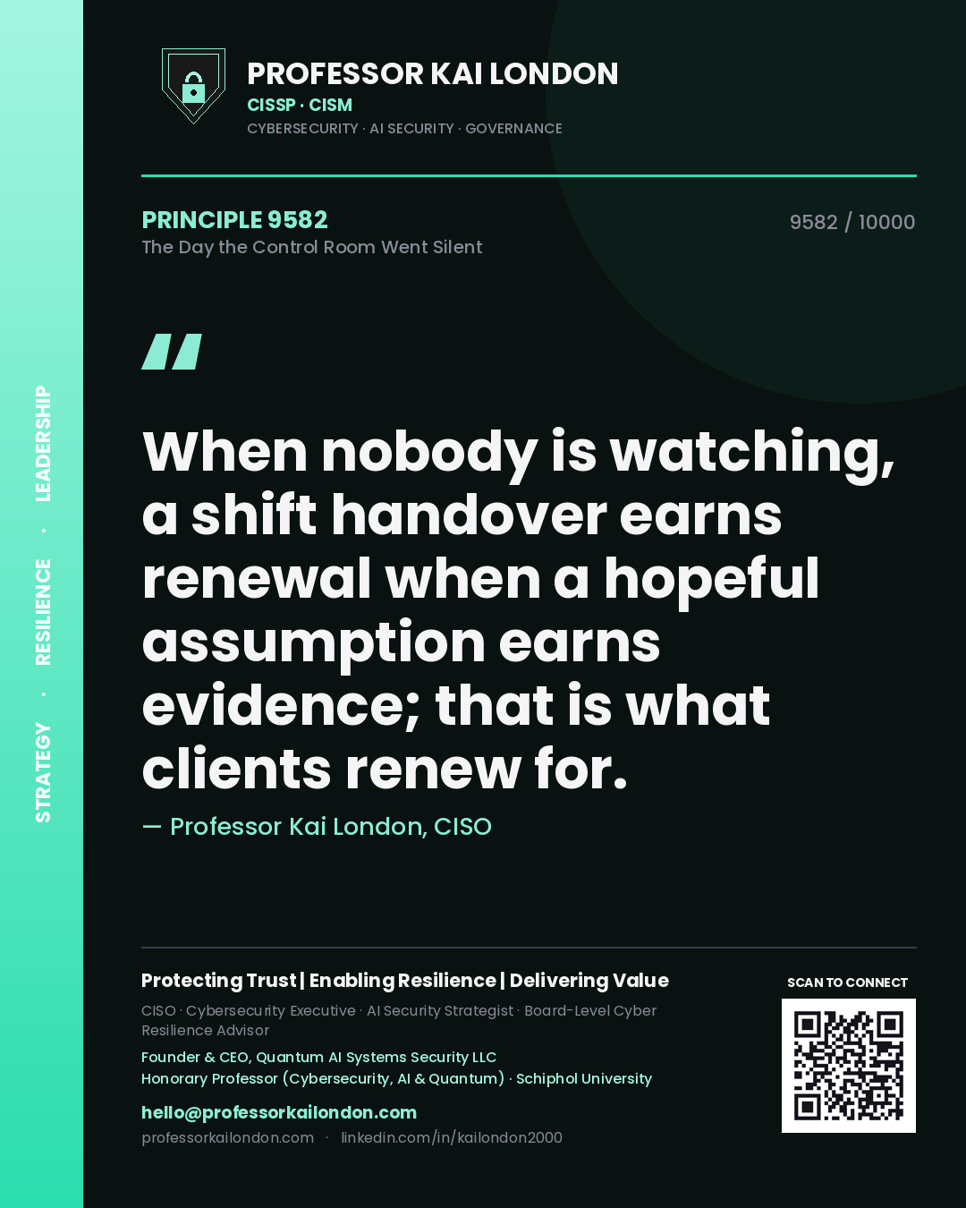 Professor Kai London principle 9582: When nobody is watching, a shift handover earns renewal when a hopeful assumption earns evidence; that is what clients renew for.