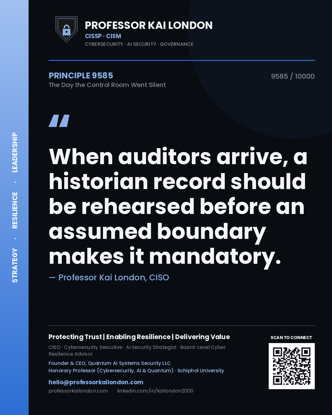 Quote card by Professor Kai London reading 'When auditors arrive, a historian record should be rehearsed before an assumed boundary makes it mandatory.'. From the book The Day the Control Room Went Silent.