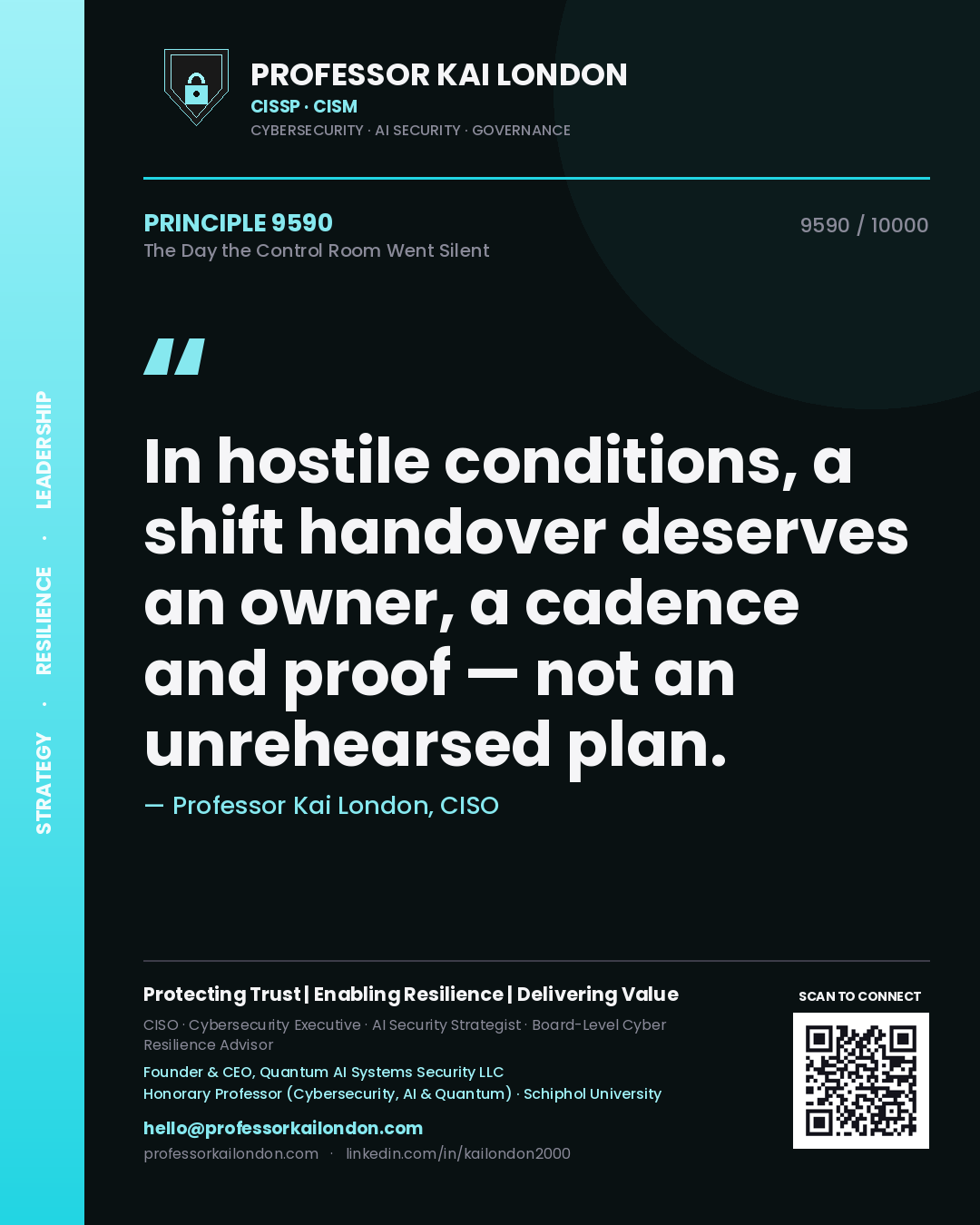 Professor Kai London principle 9590: In hostile conditions, a shift handover deserves an owner, a cadence and proof — not an unrehearsed plan.