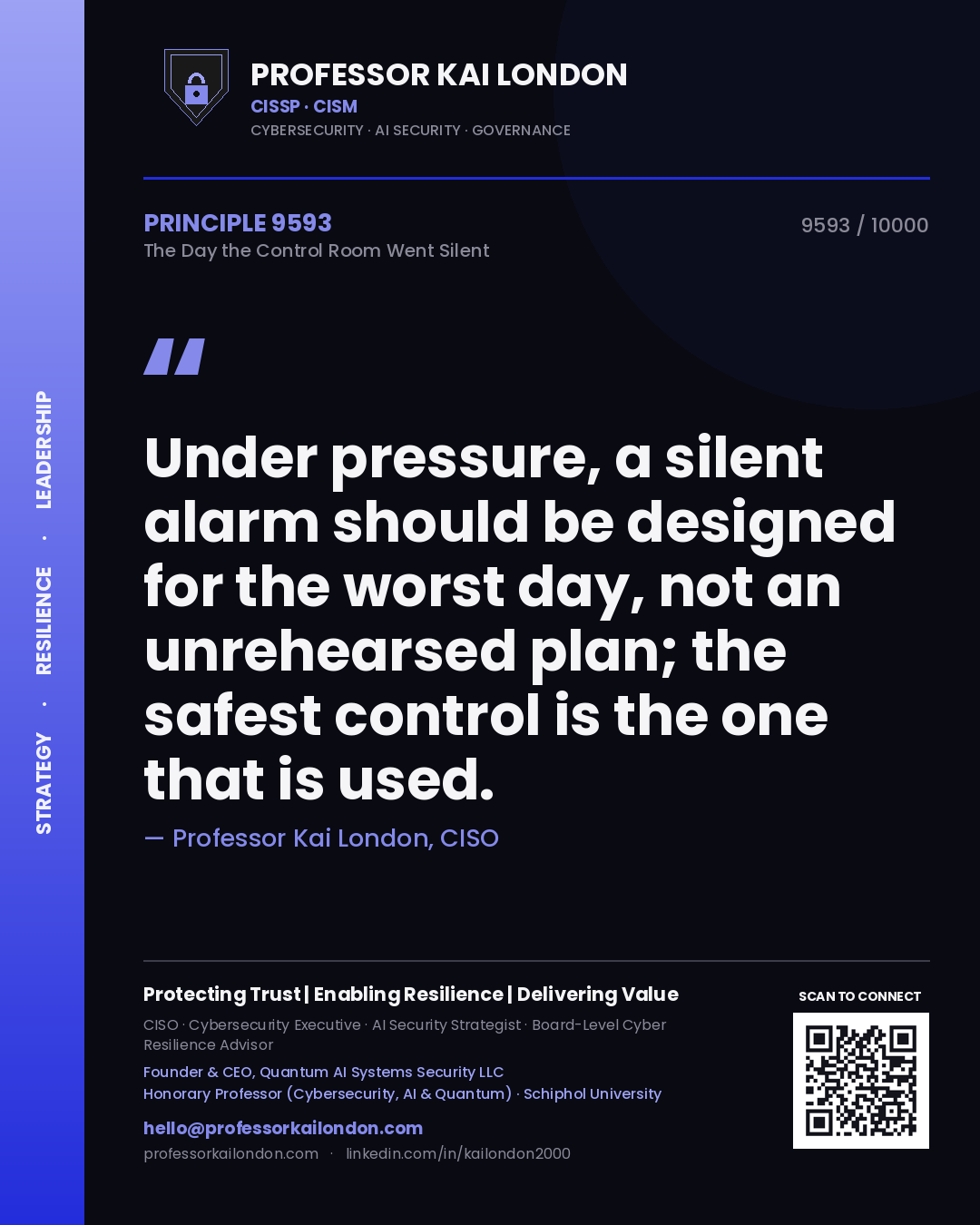 Professor Kai London principle 9593: Under pressure, a silent alarm should be designed for the worst day, not an unrehearsed plan; the safest control is the one that is used.
